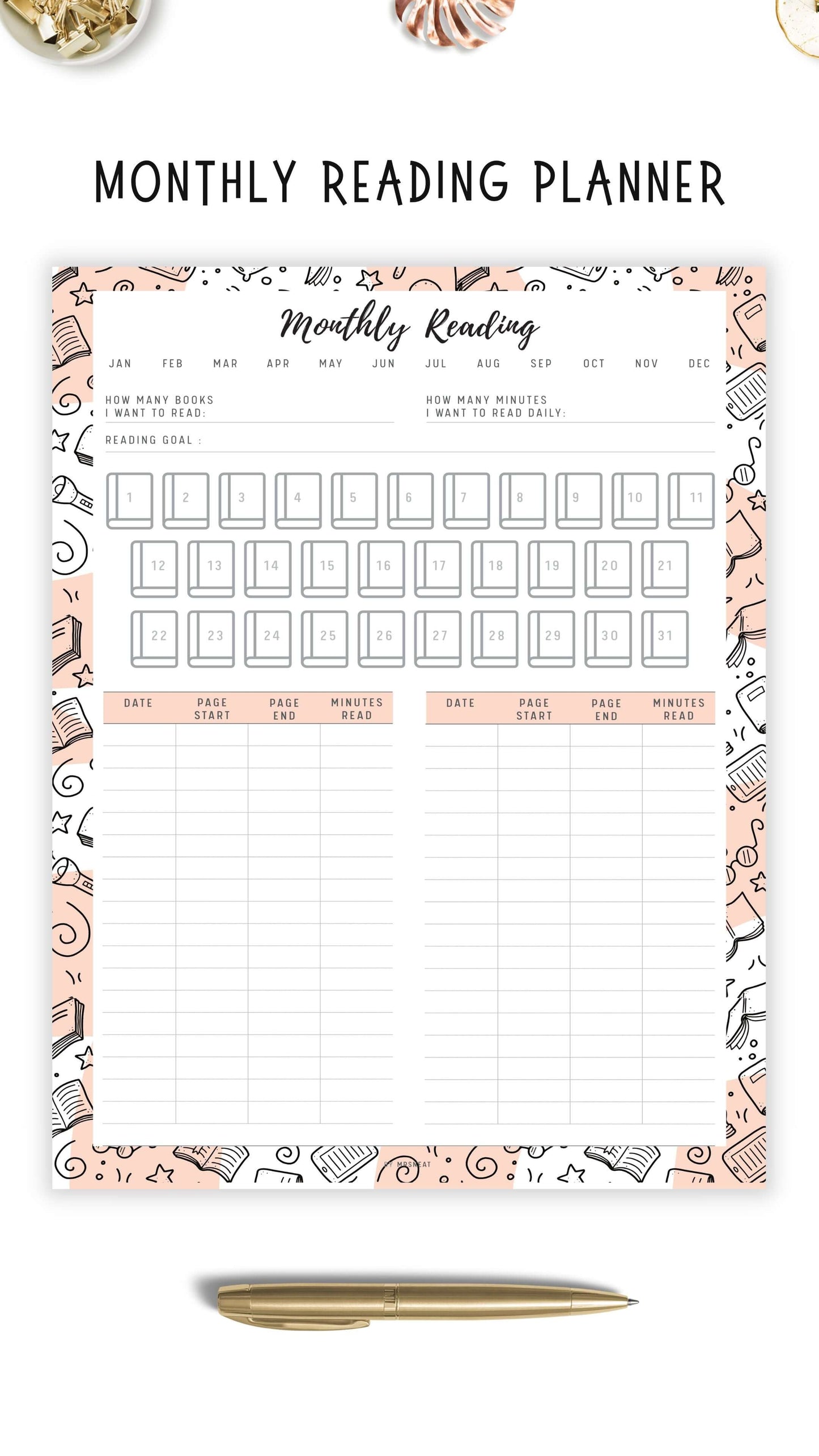 Monthly Reading Tracker Template Printable, 5 colors, 4 sizes