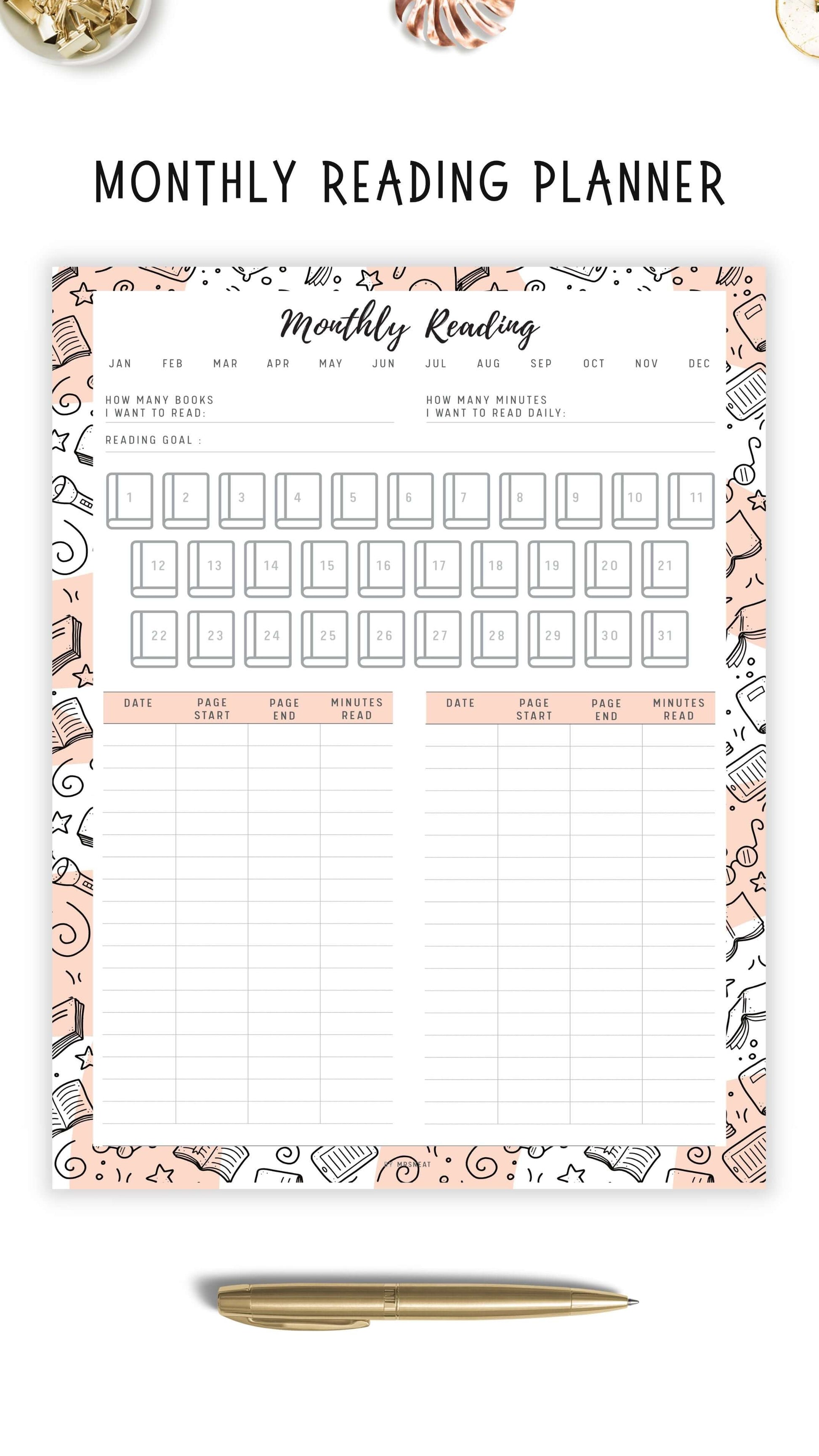 Monthly Reading Tracker Template Printable, 5 colors, 4 sizes