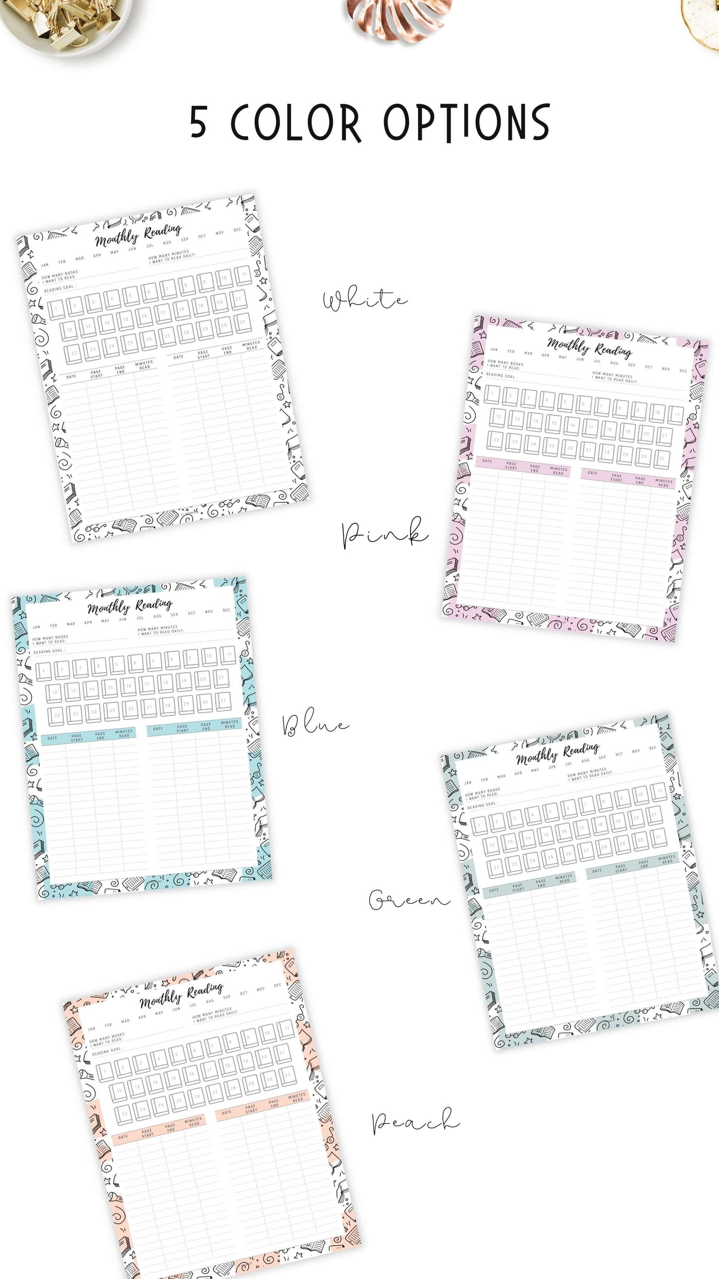 Monthly Reading Tracker Template Printable, 5 colors, 4 sizes