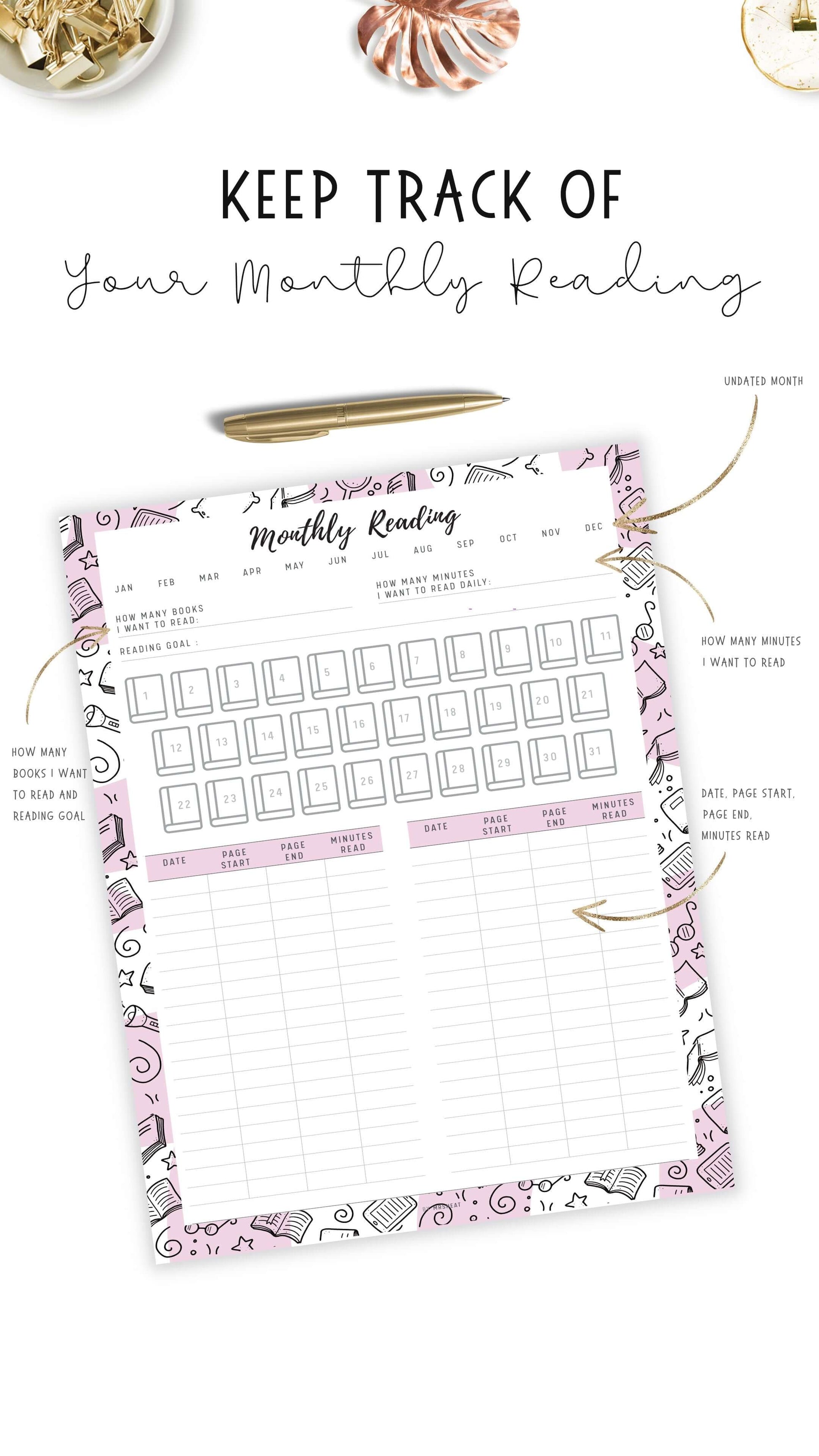 Monthly Reading Tracker Template Printable, 5 colors, 4 sizes