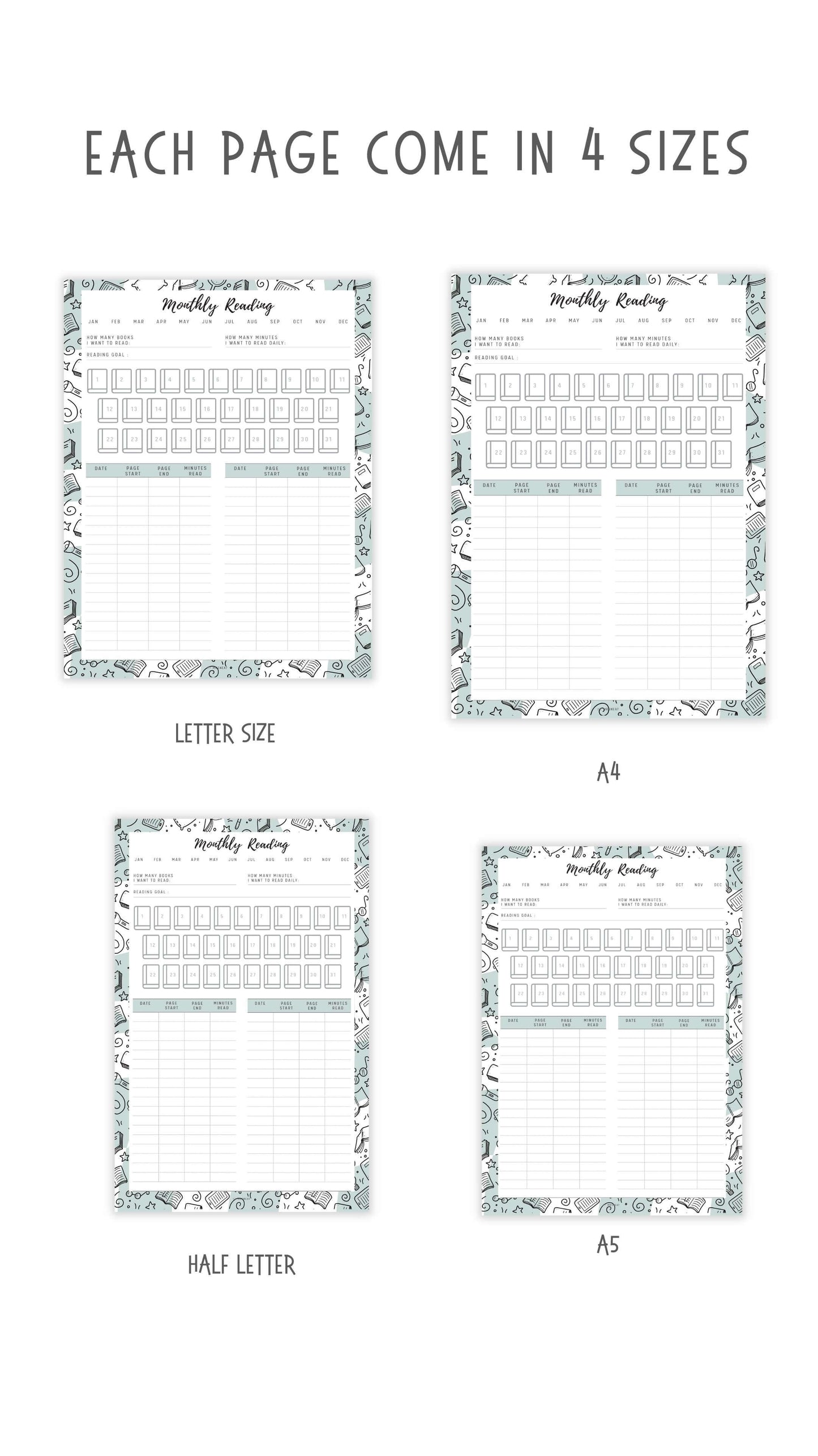 Monthly Reading Tracker Template Printable, 5 colors, 4 sizes