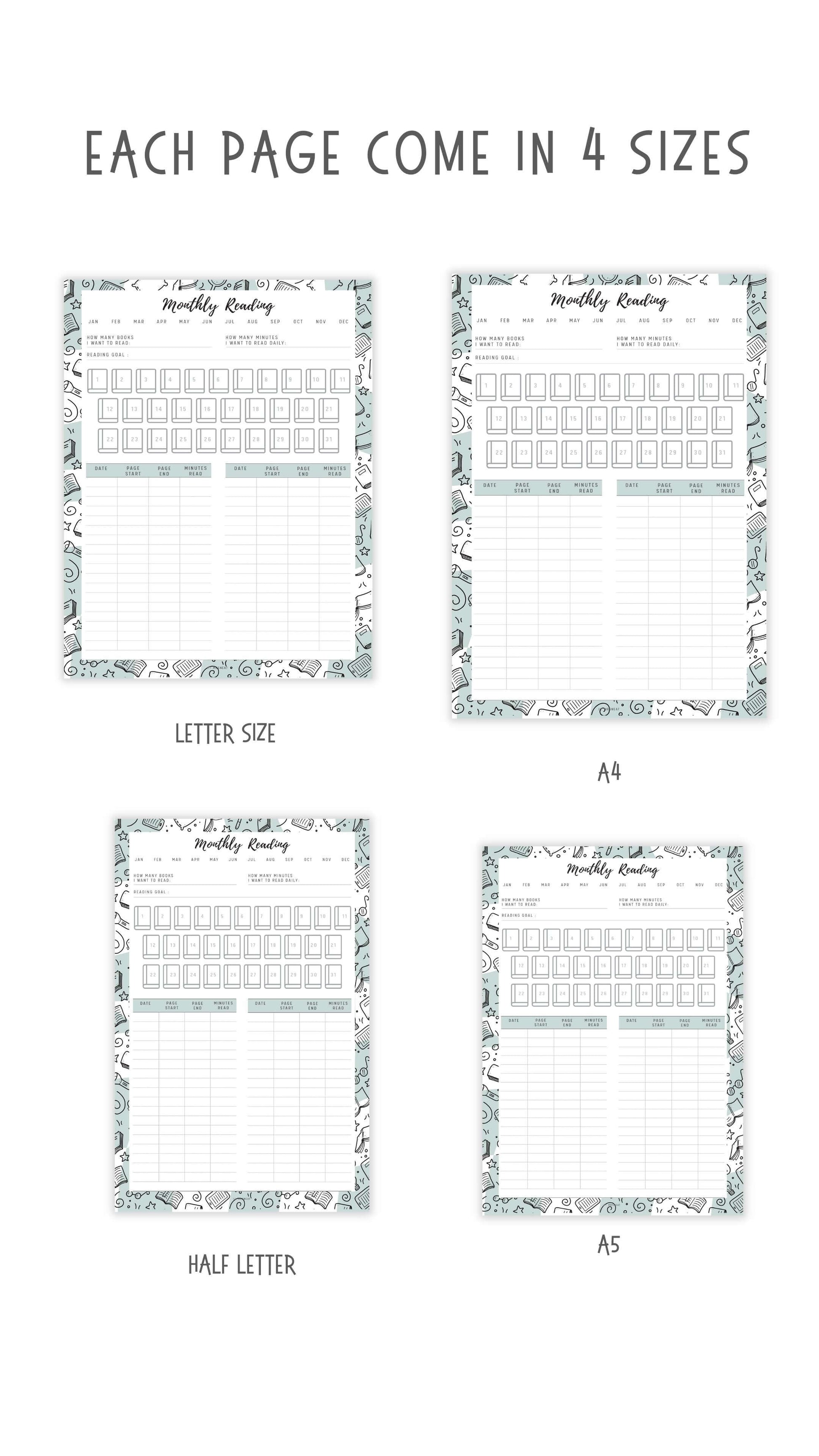 Monthly Reading Tracker Template Printable, 5 colors, 4 sizes