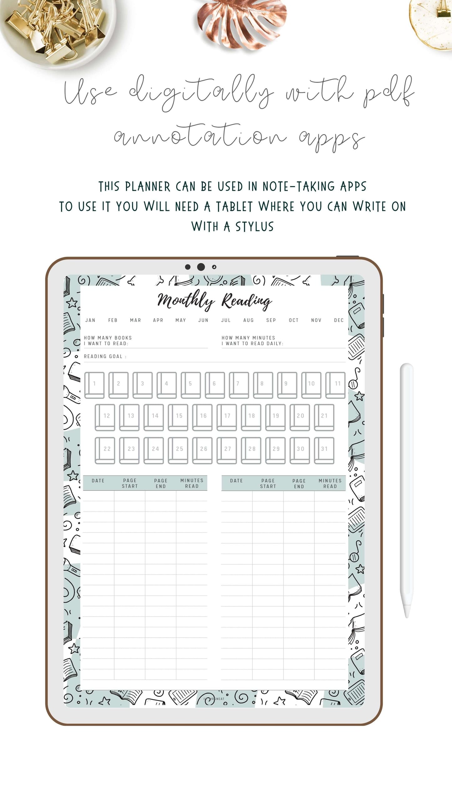 Monthly Reading Tracker Template Printable, 5 colors, 4 sizes