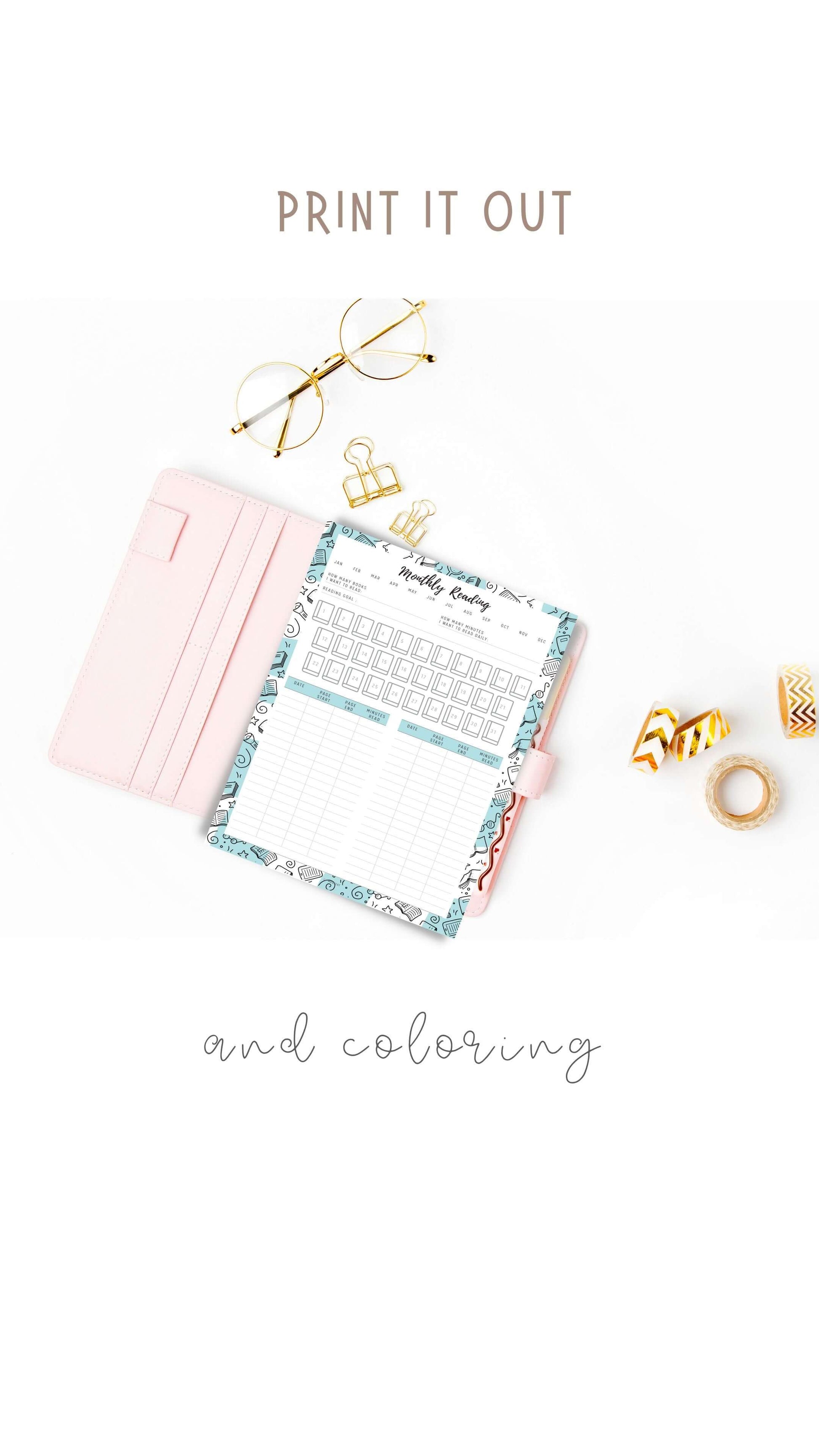Monthly Reading Tracker Template Printable, 5 colors, 4 sizes