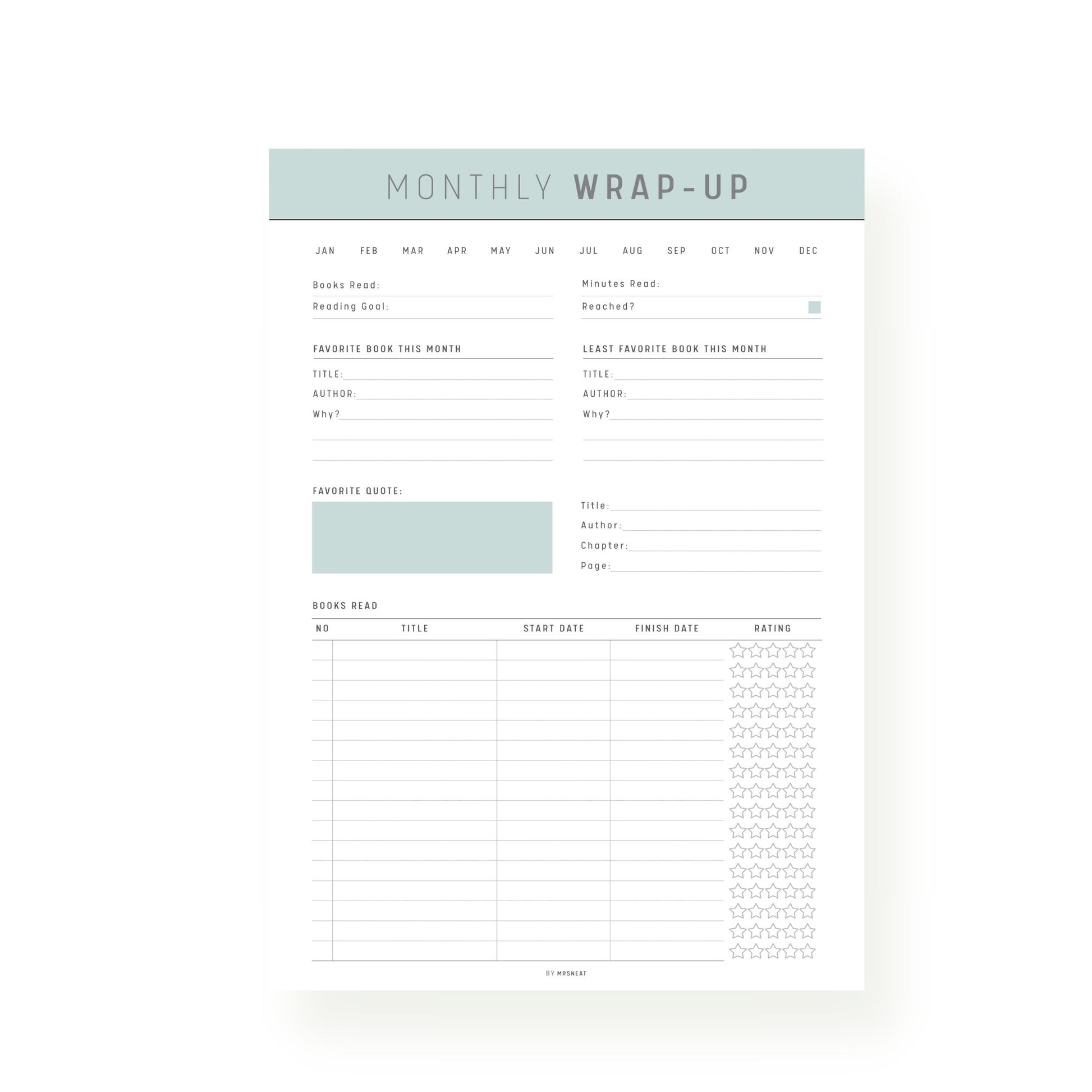 Green Monthly Reading Wrap Up Template Printable