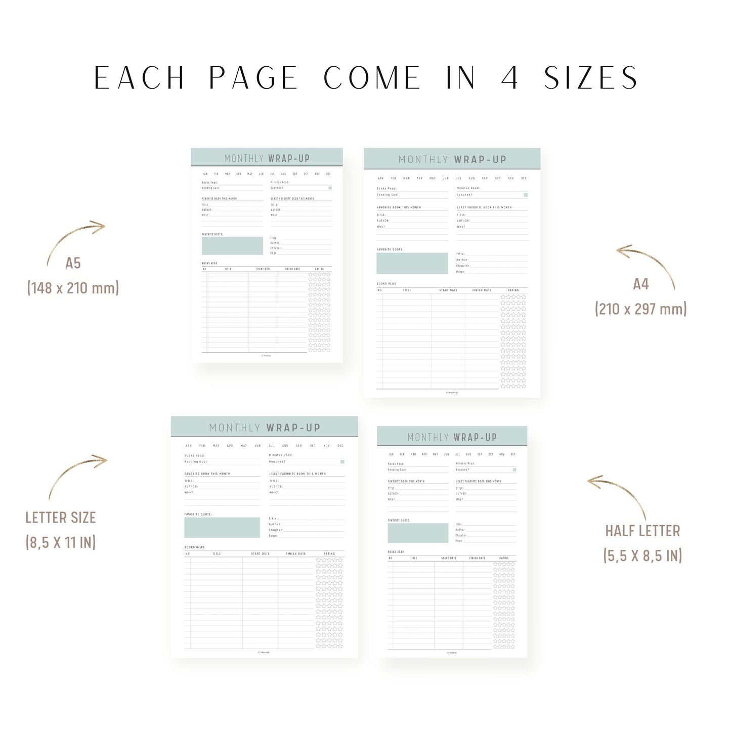 A4, A5, Letter, Half Letter Monthly Reading Wrap Up Template Printable