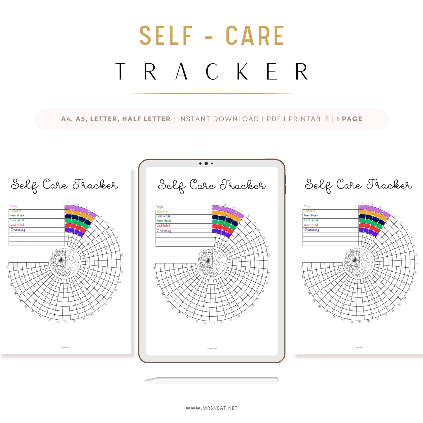 Self Care Tracker Wheel PRINTABLE Journal Page, Planner Page, Monthly Tracker, Track Self Care, Habit Tracker, Skin Care Tracker, A4, Letter, Half Letter, A5, Digital Planner