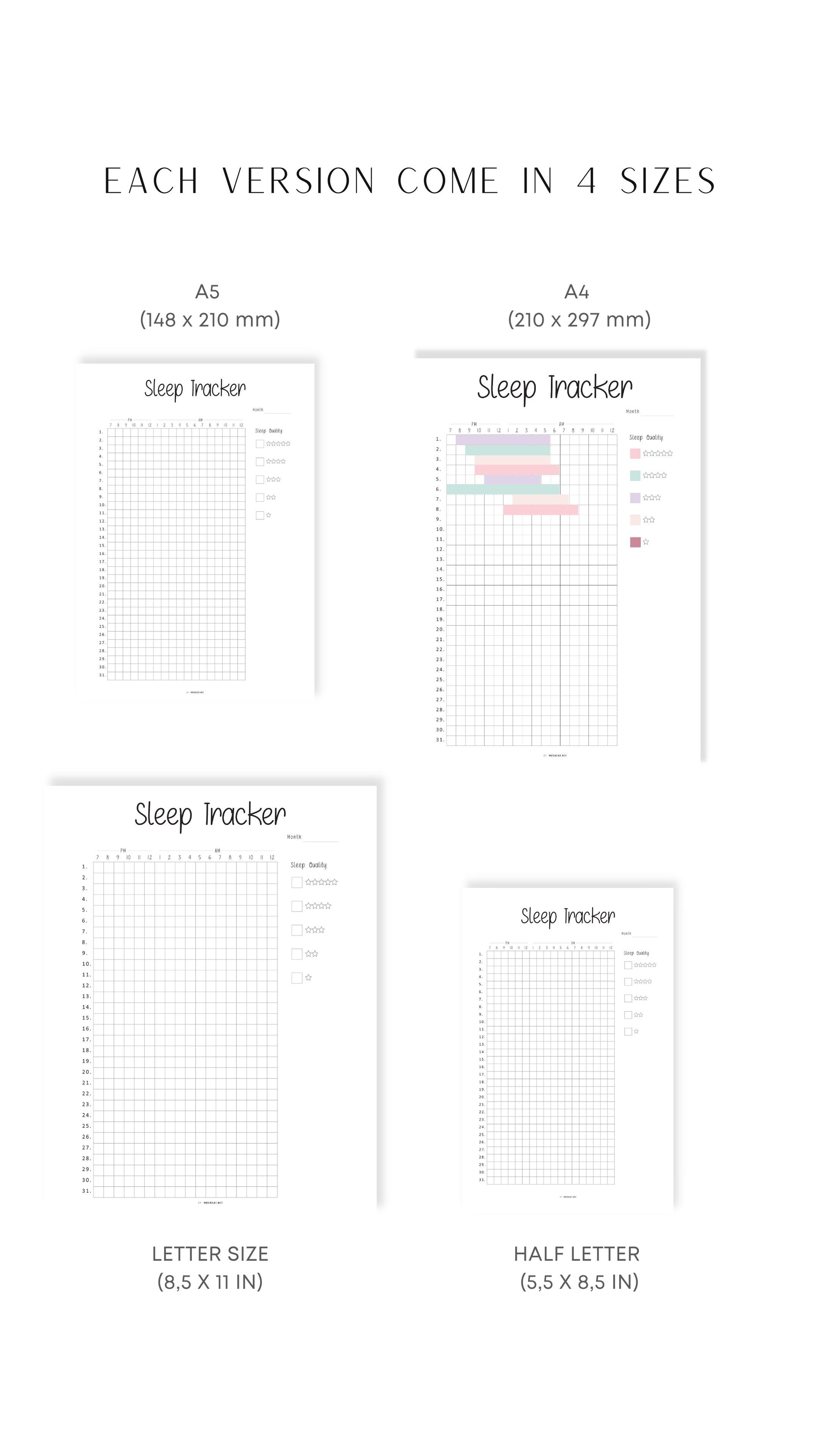 A4, A5, Letter, Half Letter Sleep Quality Tracker Printable 