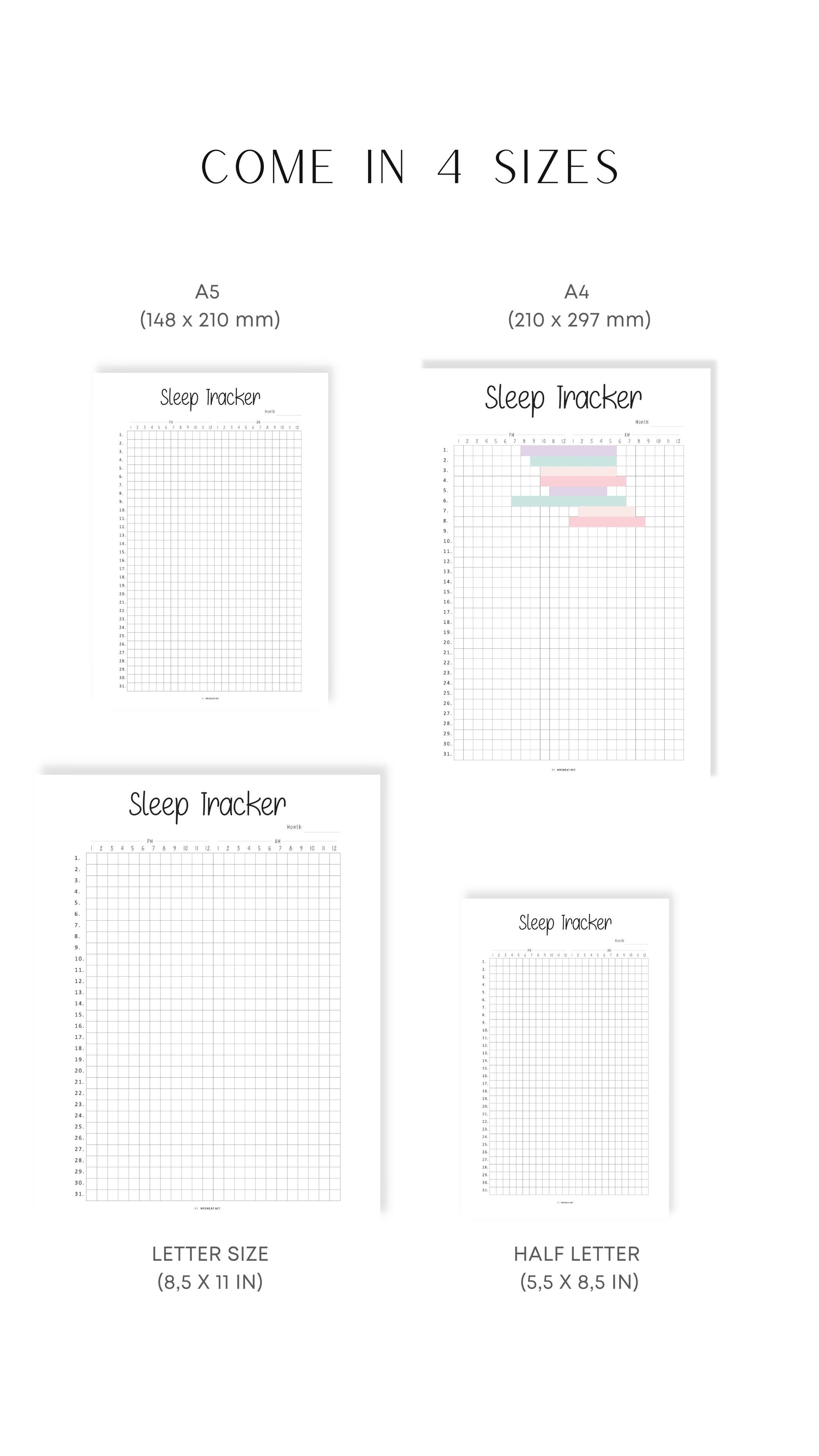 A4, A5, Letter, Half Letter Sleep Tracker Printable Insert
