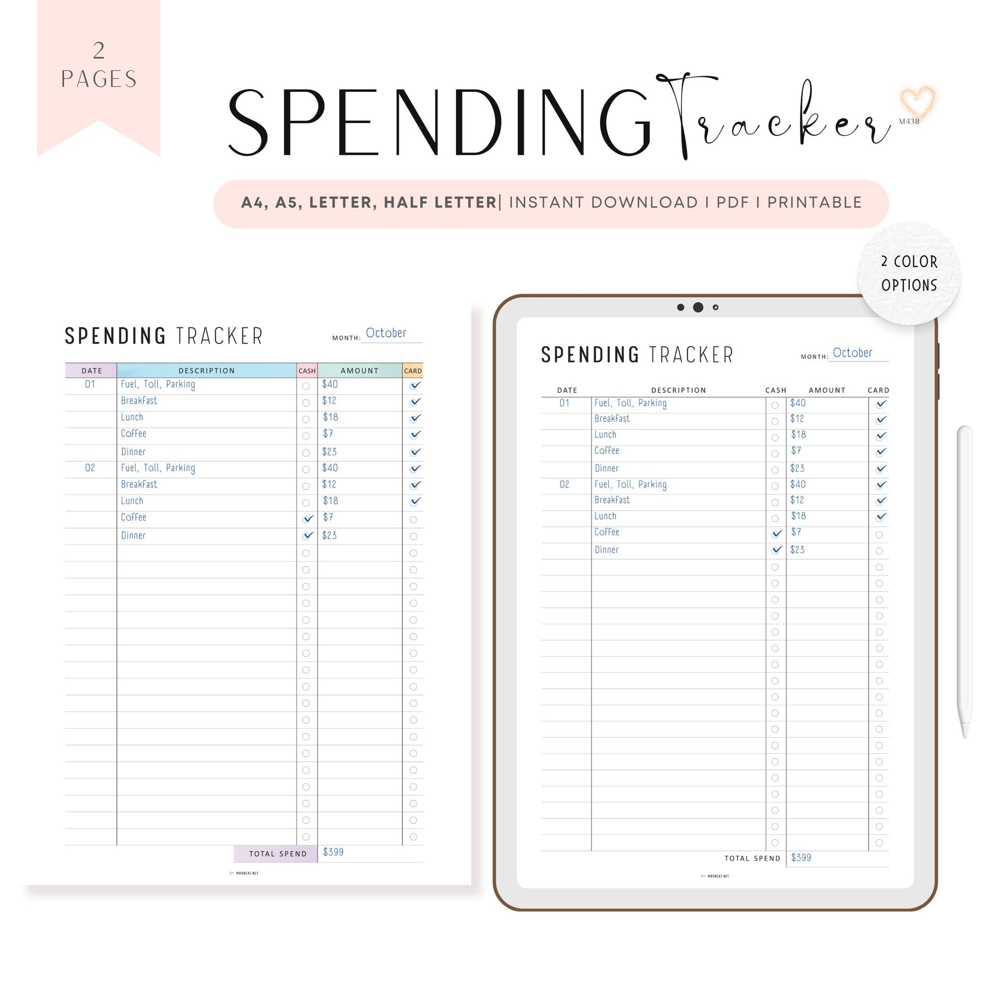 Monthly Spending Tracker Printable, A4, A5, Letter, Half Letter, Minimalist and Colorful Page