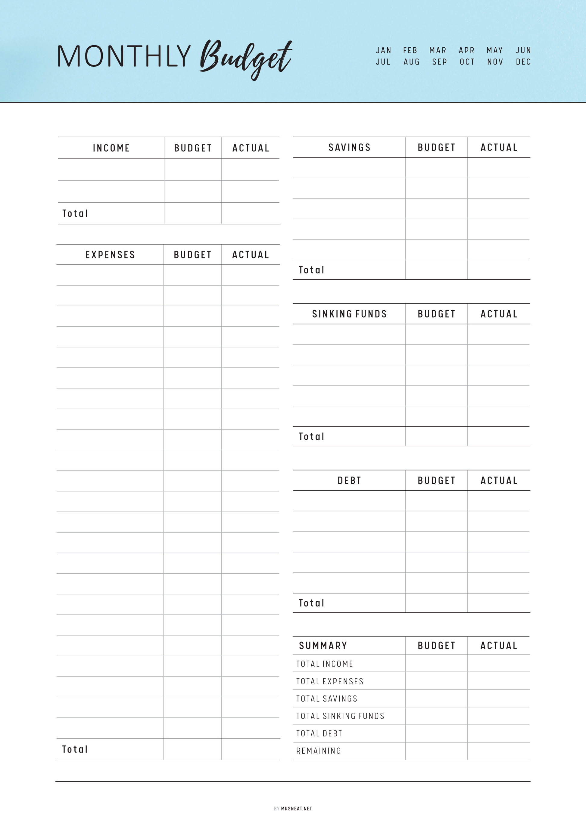 Monthly budget planner with a light blue header
