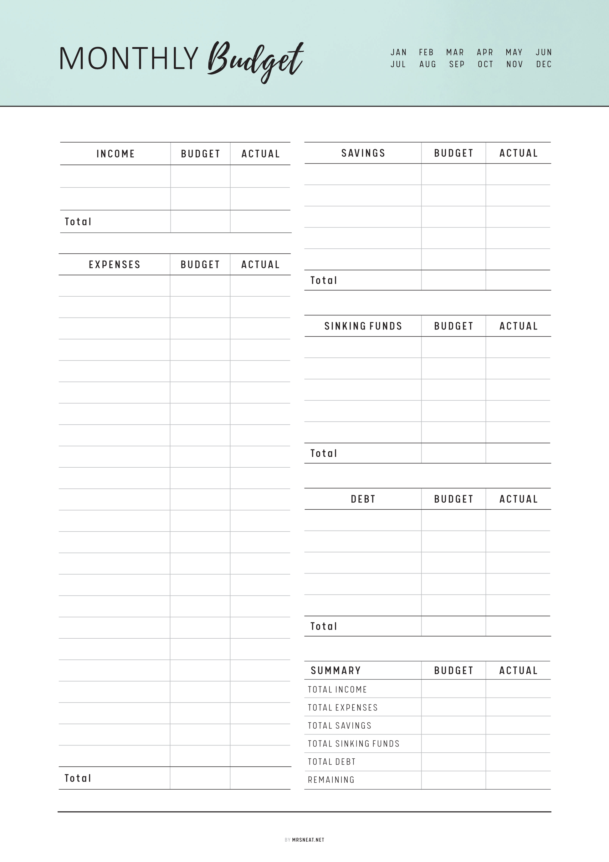 Monthly budget planner with columns for income, expenses, and savings.