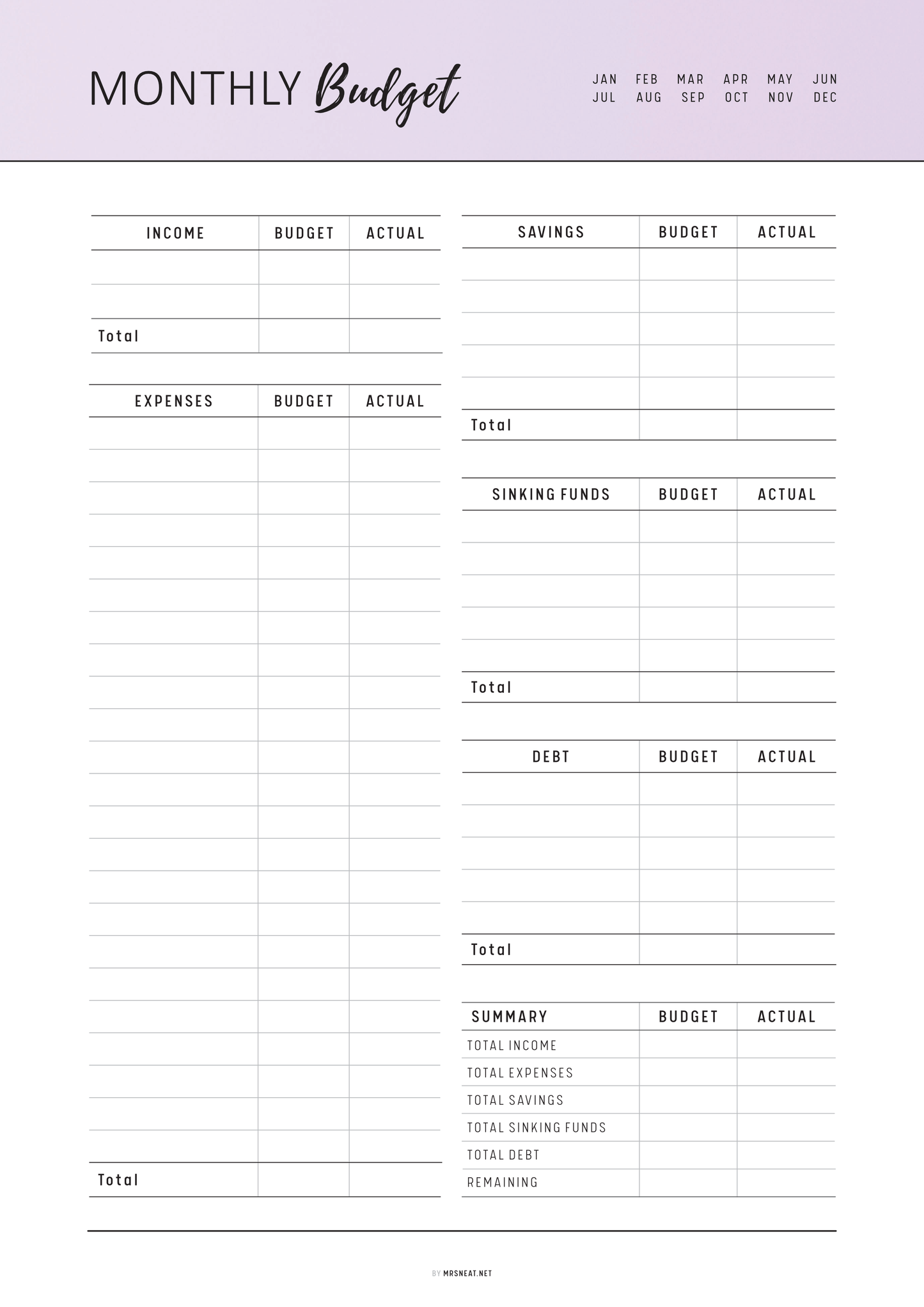 Monthly budget planner with columns for income, expenses, and savings on a white background.