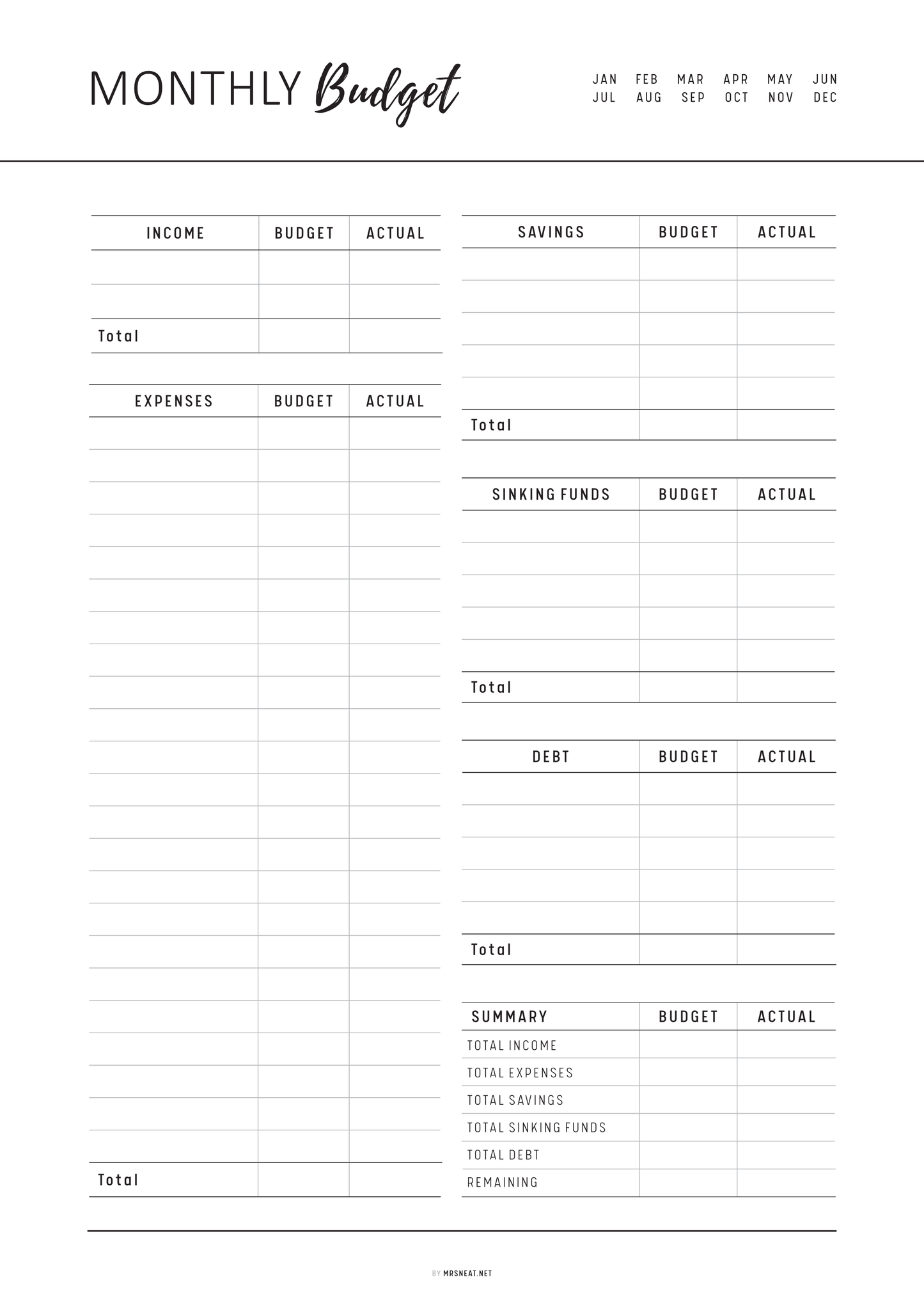 Monthly budget sheet with income, expenses, and savings categories.