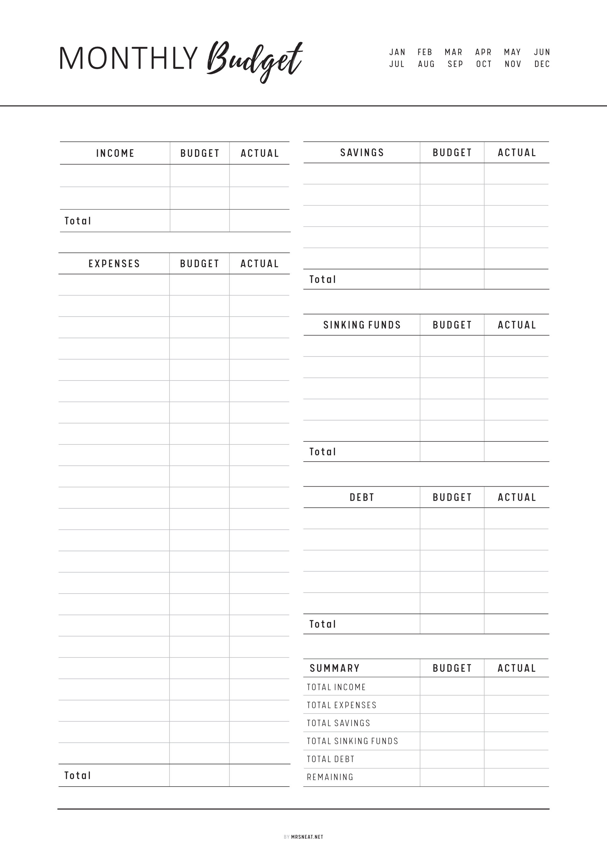 Monthly budget sheet with income, expenses, and savings categories.