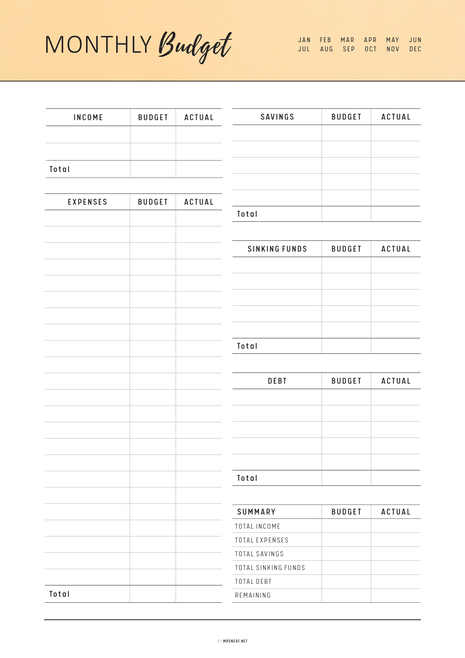 Monthly budget planner with income, expenses, and savings sections.
