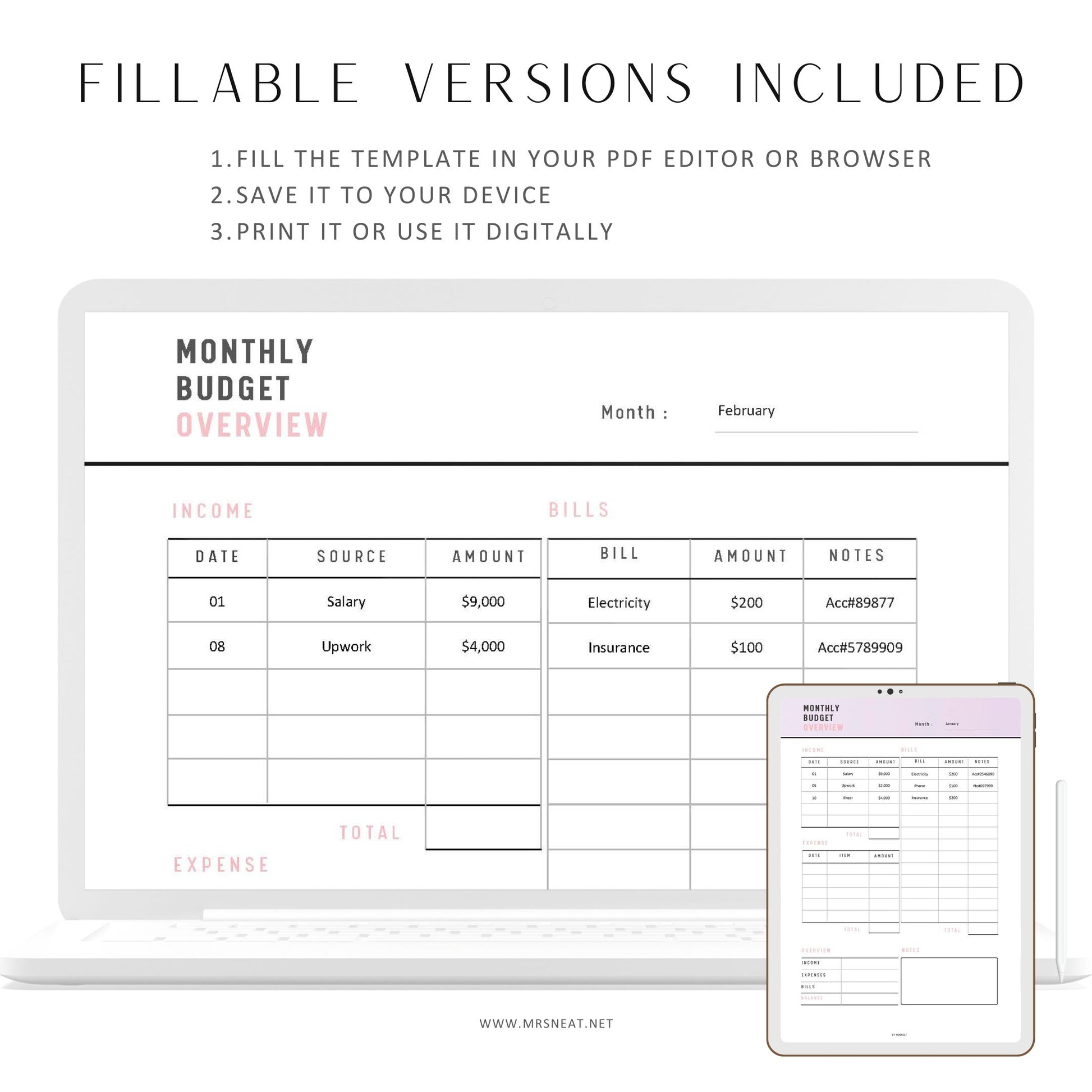 Fillable Monthly Budget Overview, Budget Planner Printable, A4, A5, US Letter, 3 color options