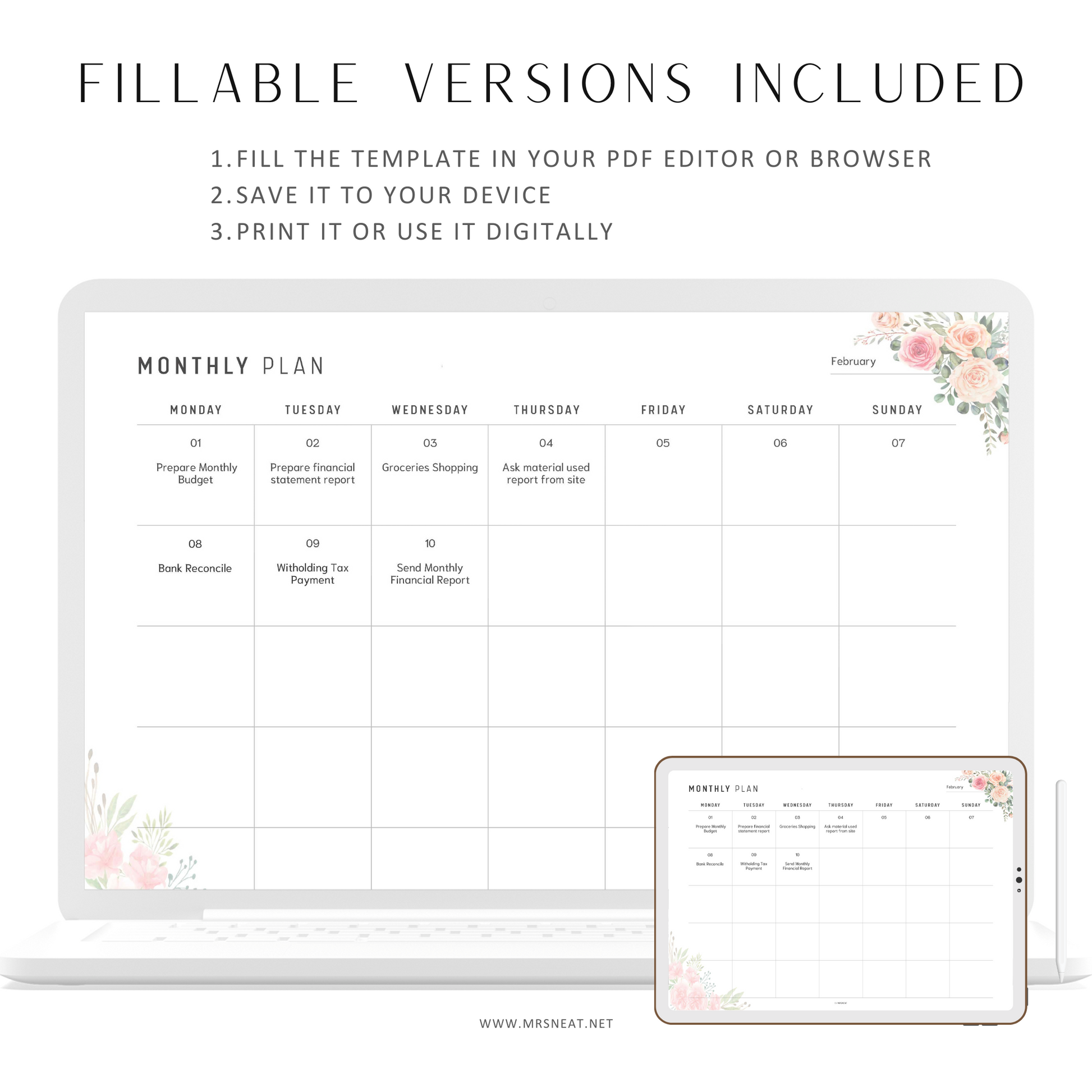 Undated Editable Monthly Planner Printable Landscape, Floral Theme, Monday and Sunday Start, Minimal Design, 2 Versions, PDF, A4, Letter