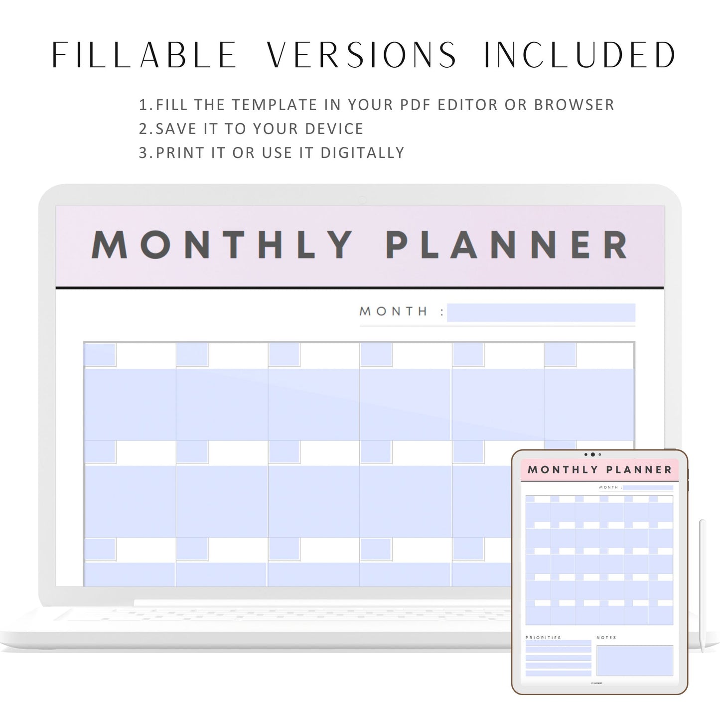 Monthly Planner Printable in 7 Colors - M031