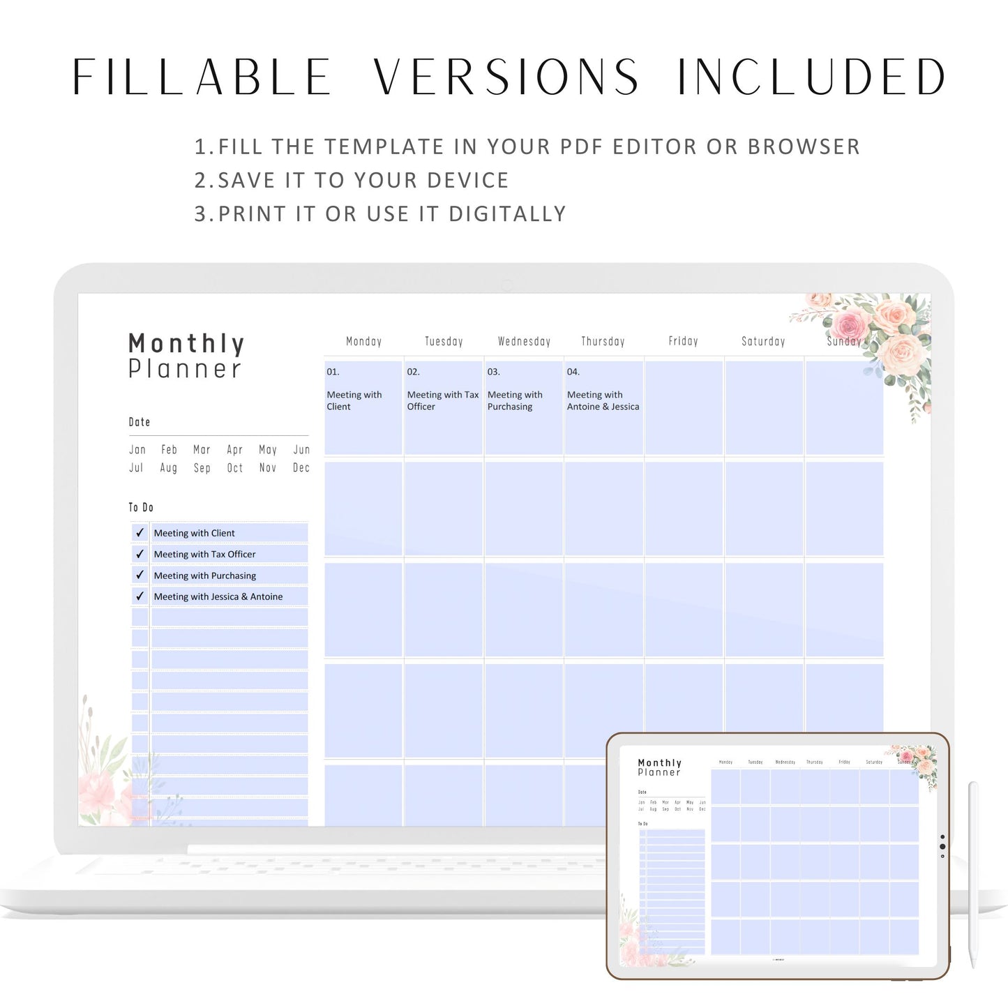 Monthly Planner Printable, Floral Theme, Monthly To Do List, Monthly Schedule, PDF Fillable, Digital Planner, Printable Planner