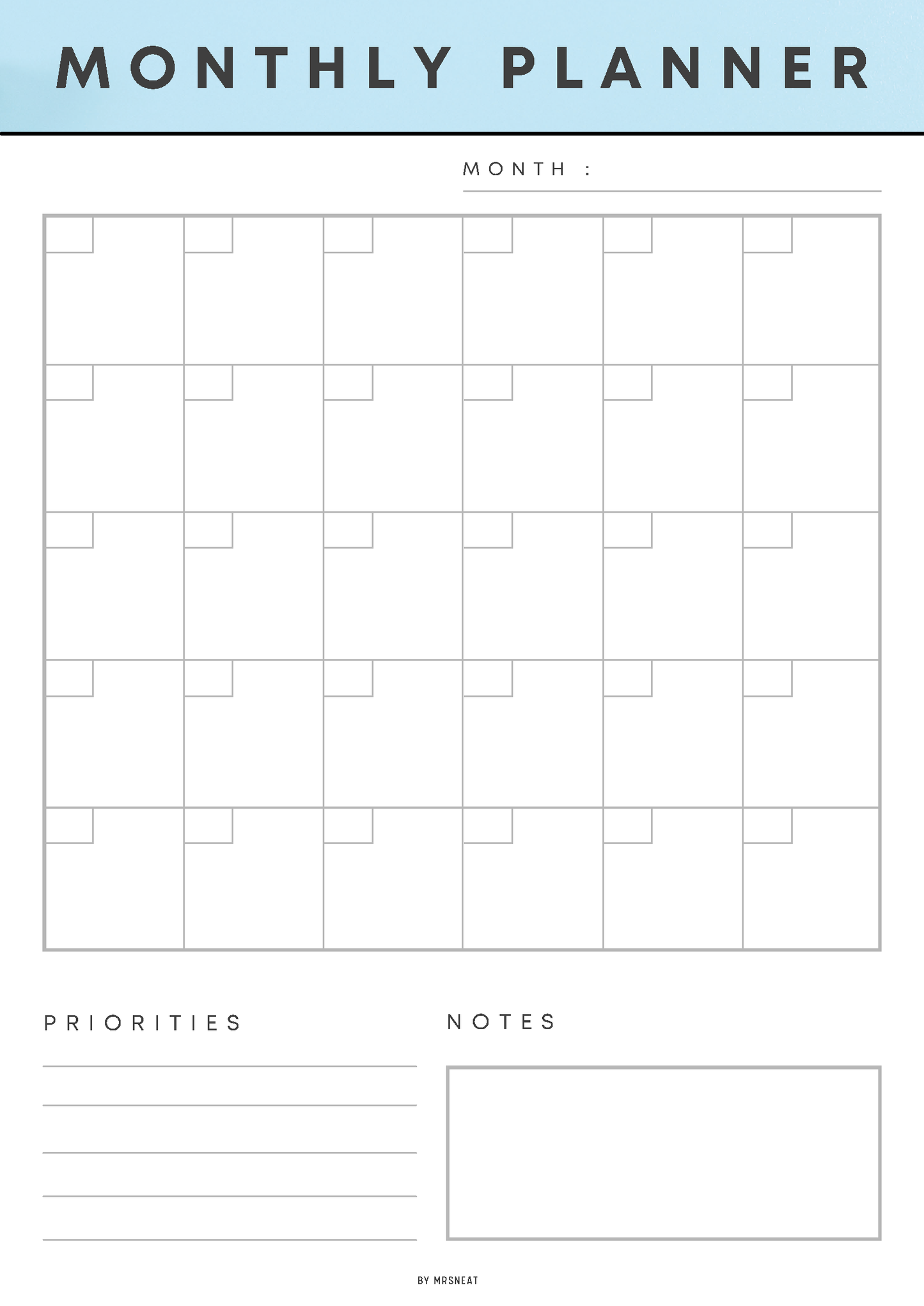 Monthly planner with grid layout for prioritizing tasks and notes, on a light blue background.