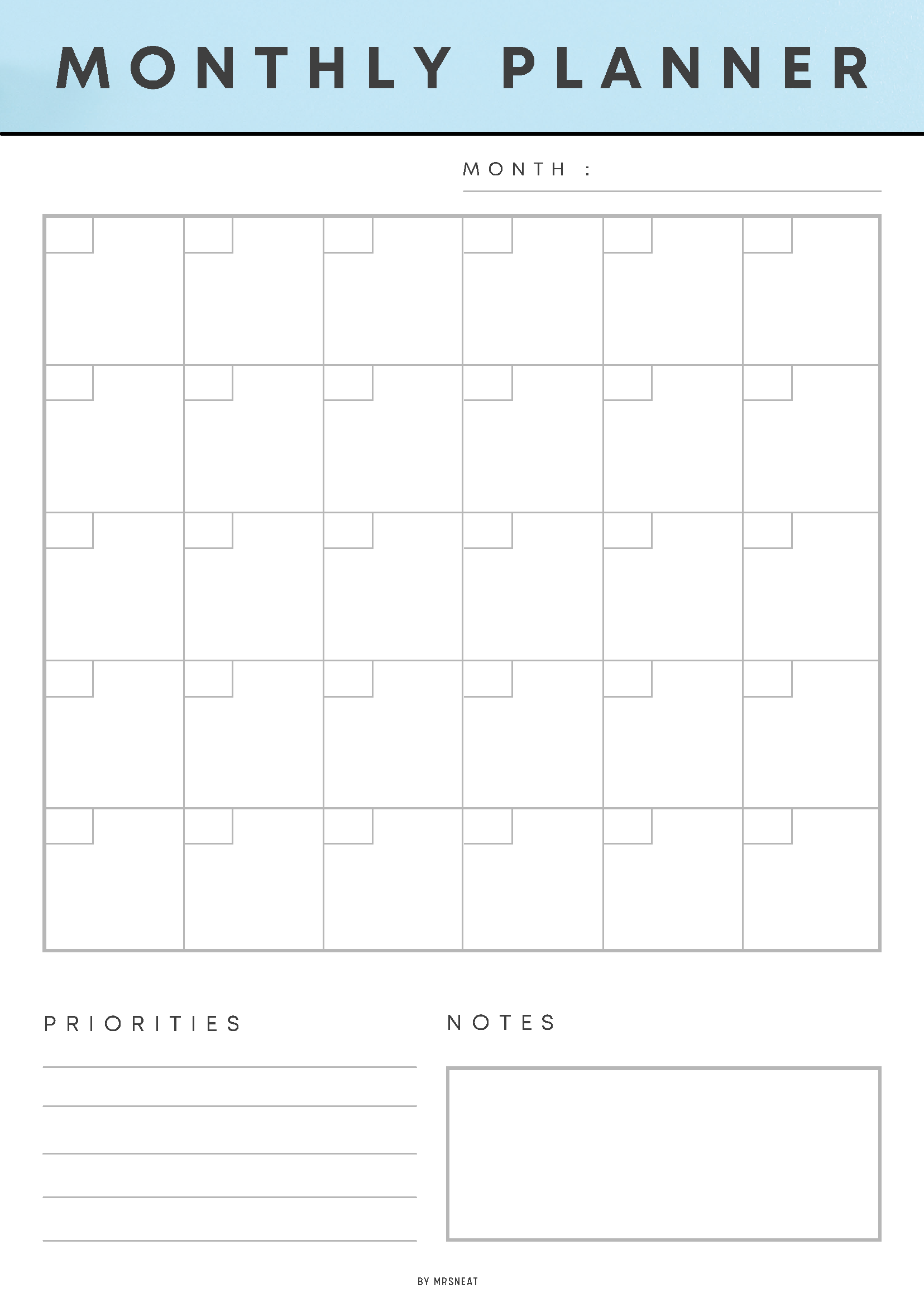 Monthly planner with grid layout for prioritizing tasks and notes, on a light blue background.