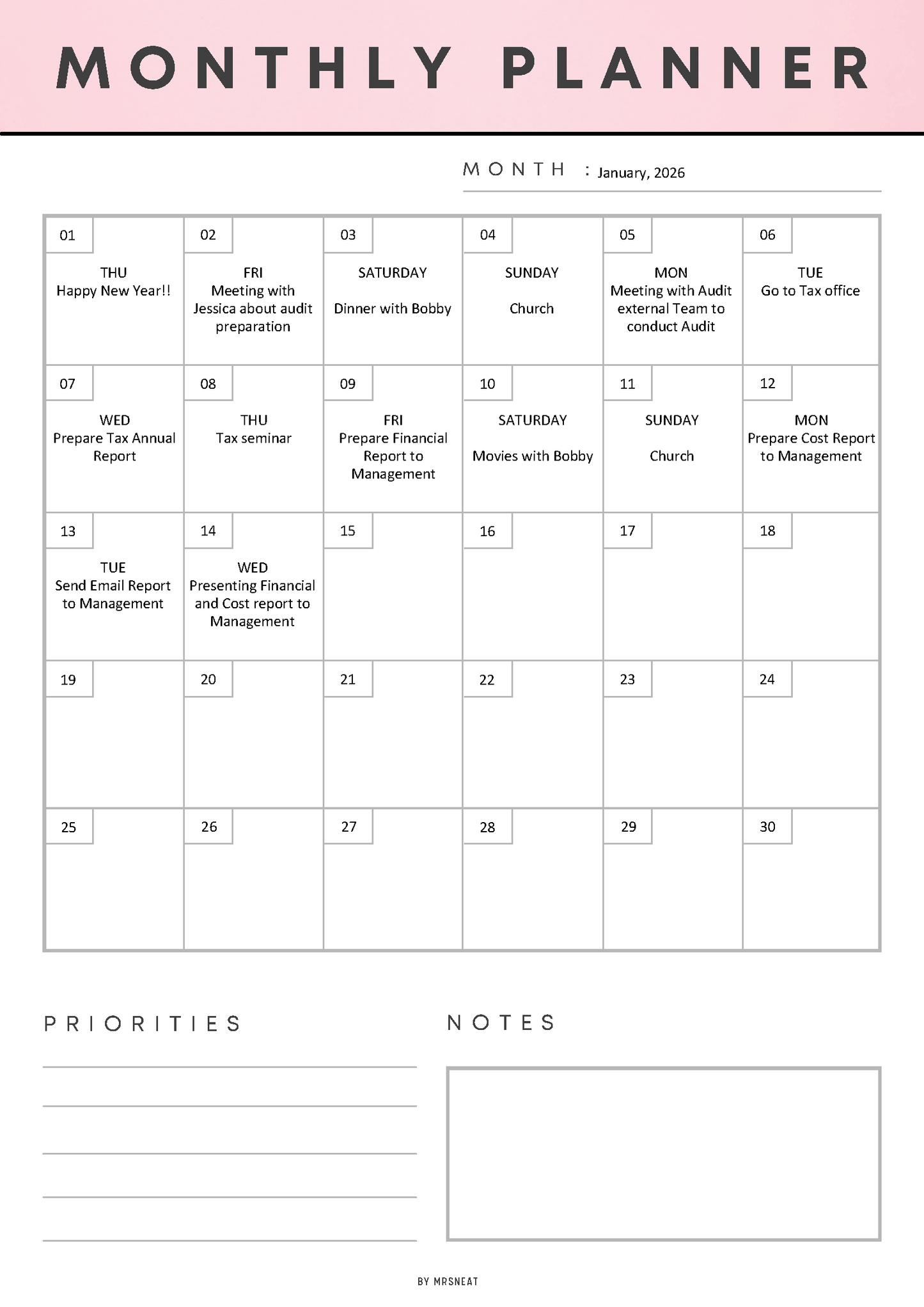 Monthly planner with a pink header and white background