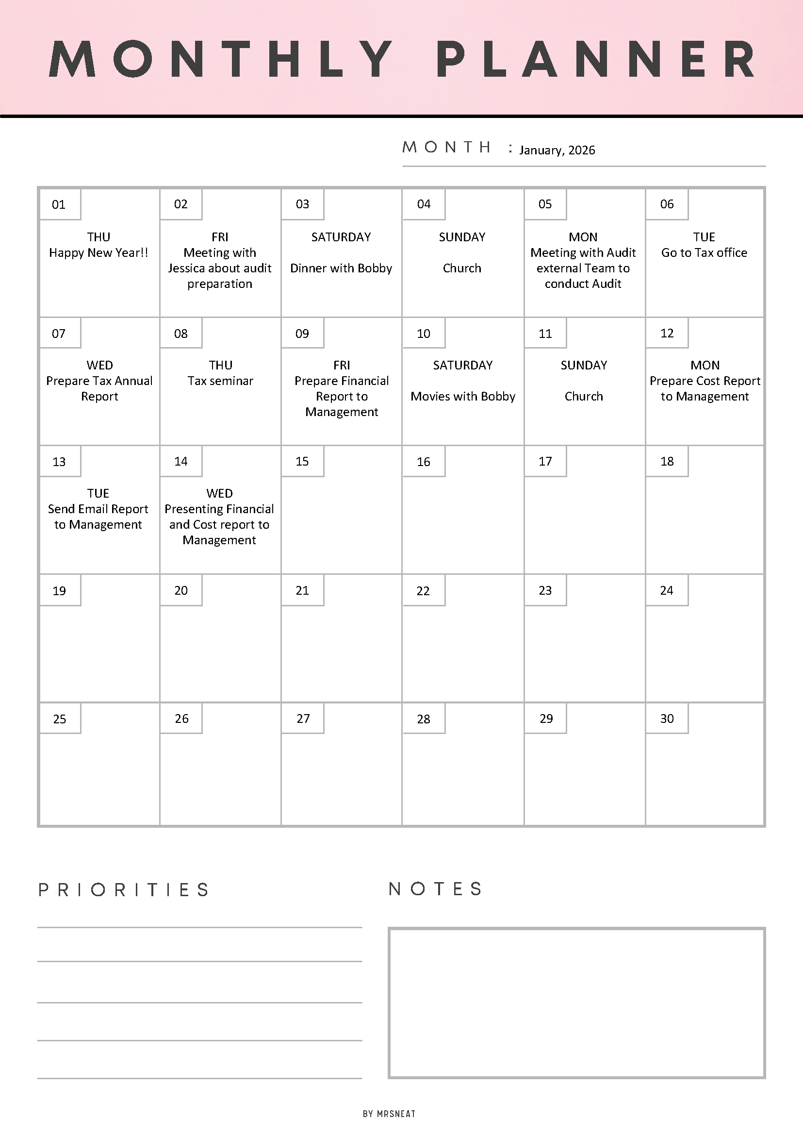 Monthly planner with a pink header and white background