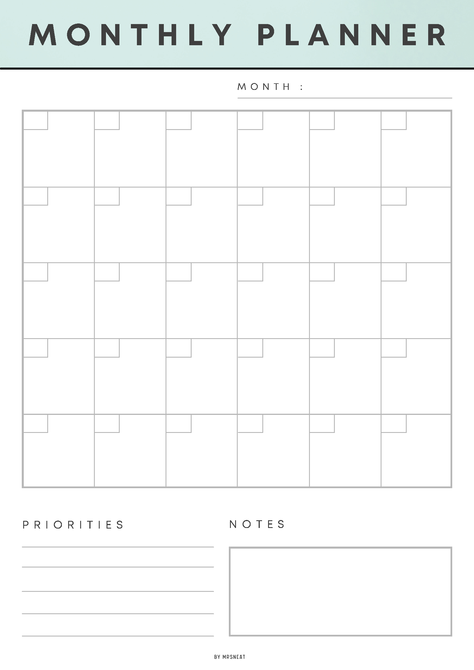 Monthly planner with grid layout for prioritizing tasks and notes.