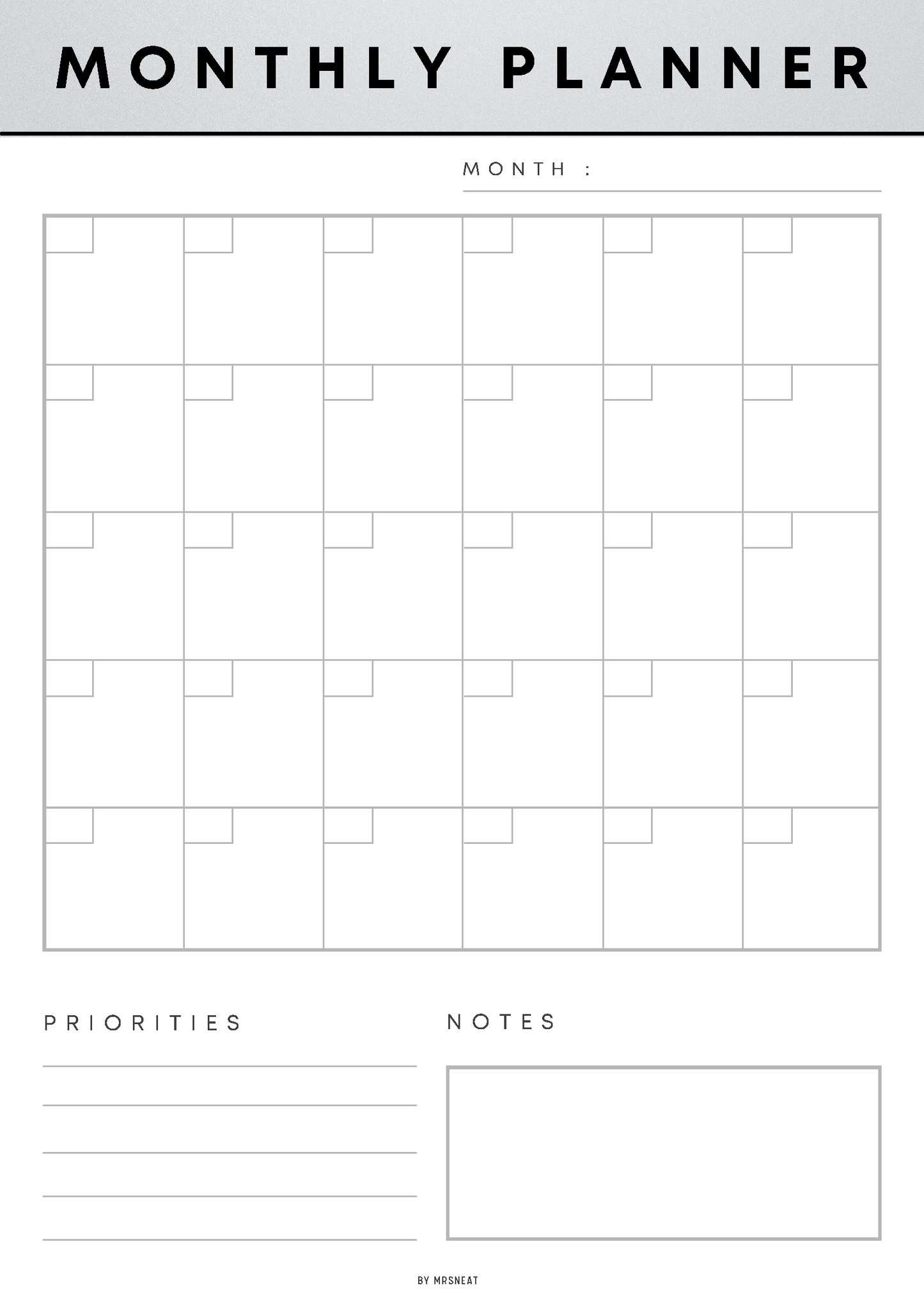 Monthly planner with grid layout for prioritizing tasks and notes.