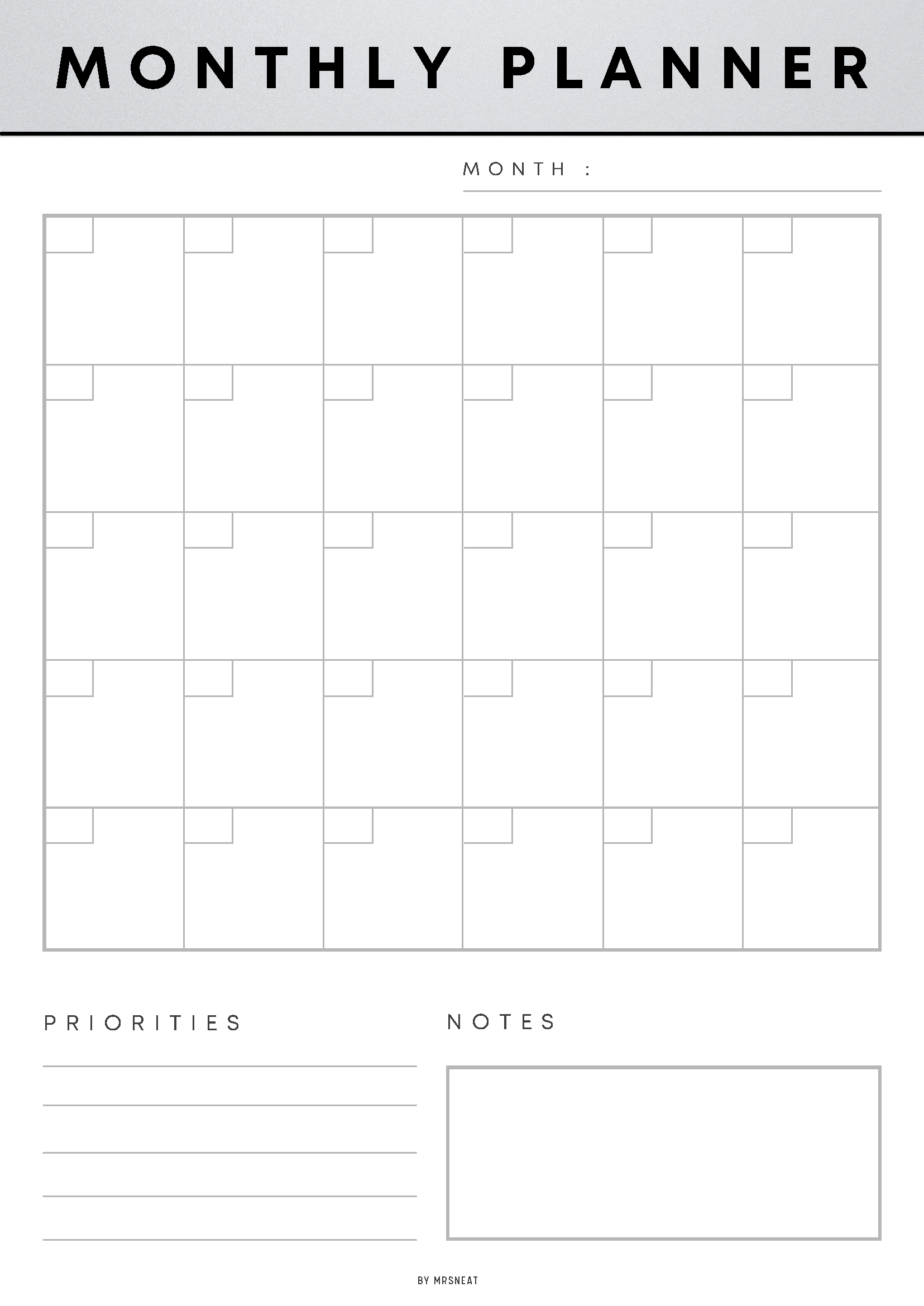 Monthly planner with grid layout for prioritizing tasks and notes.