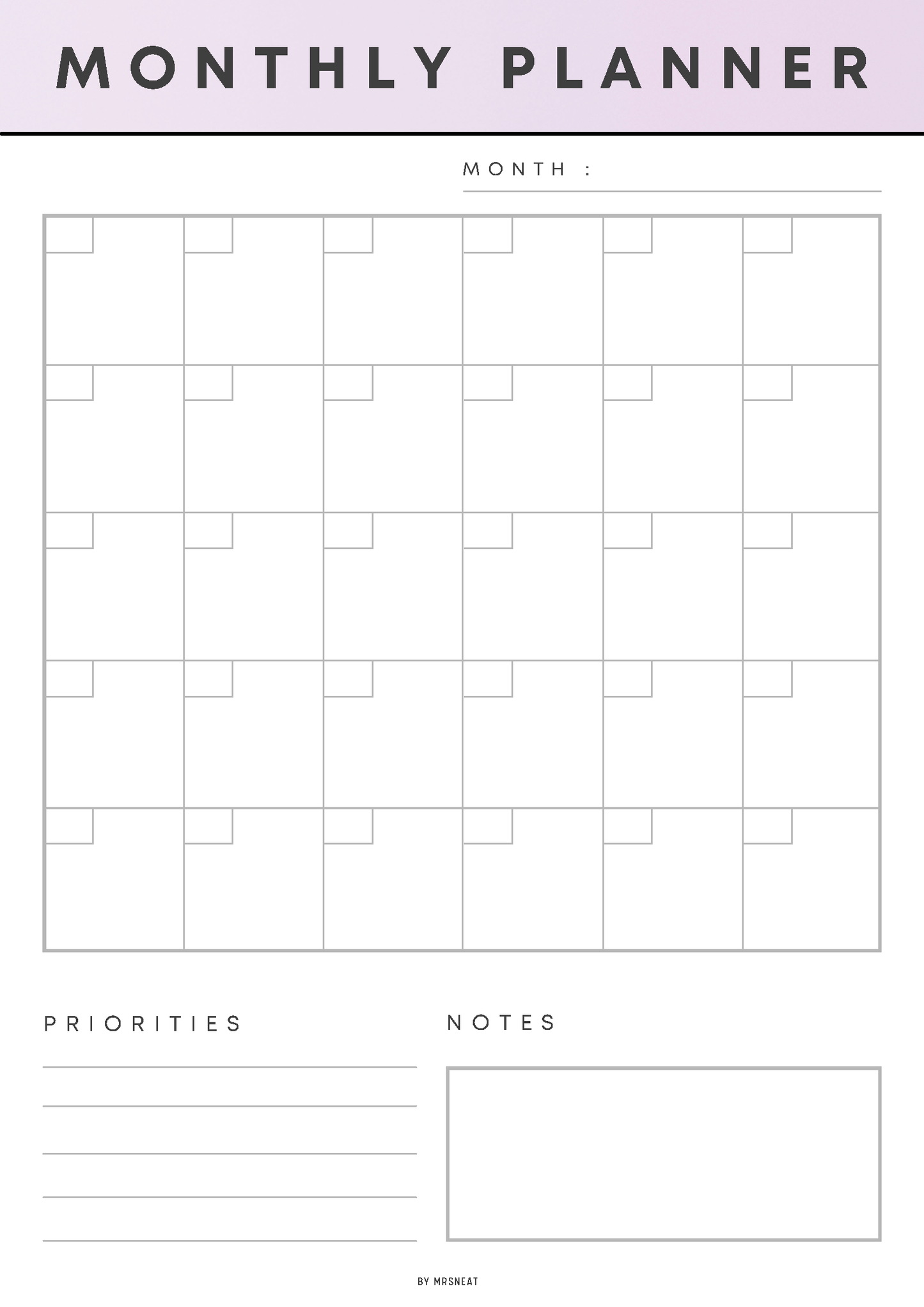 Monthly planner with grid layout on a light purple background