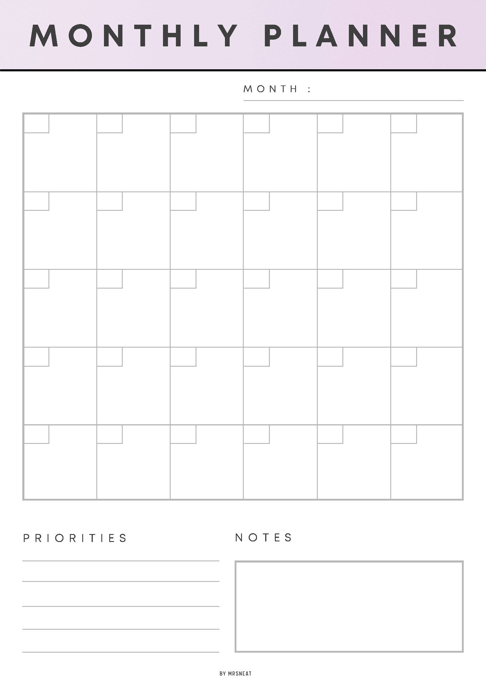 Monthly planner with grid layout on a light purple background