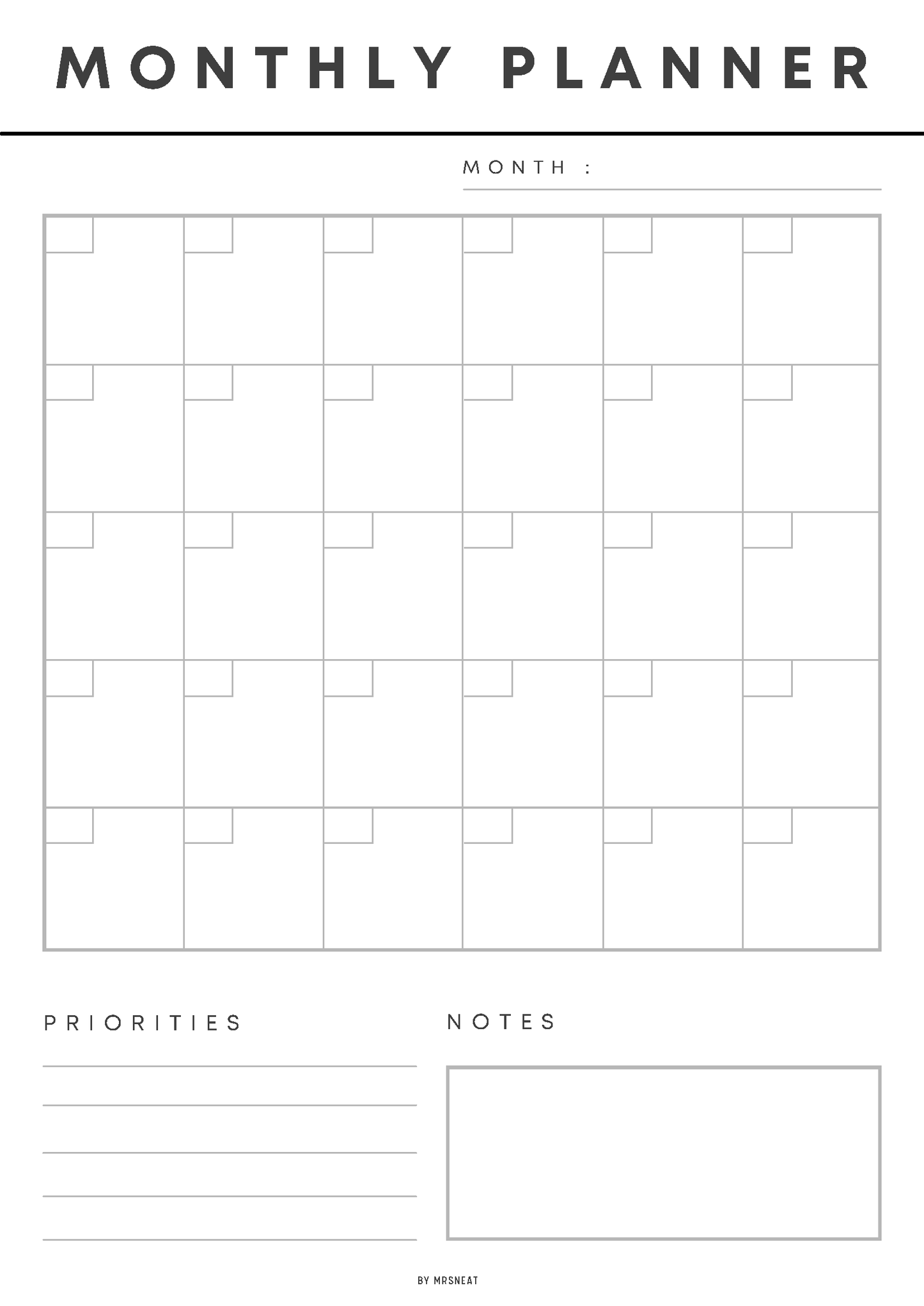 Monthly planner with grid layout for prioritizing tasks and notes.
