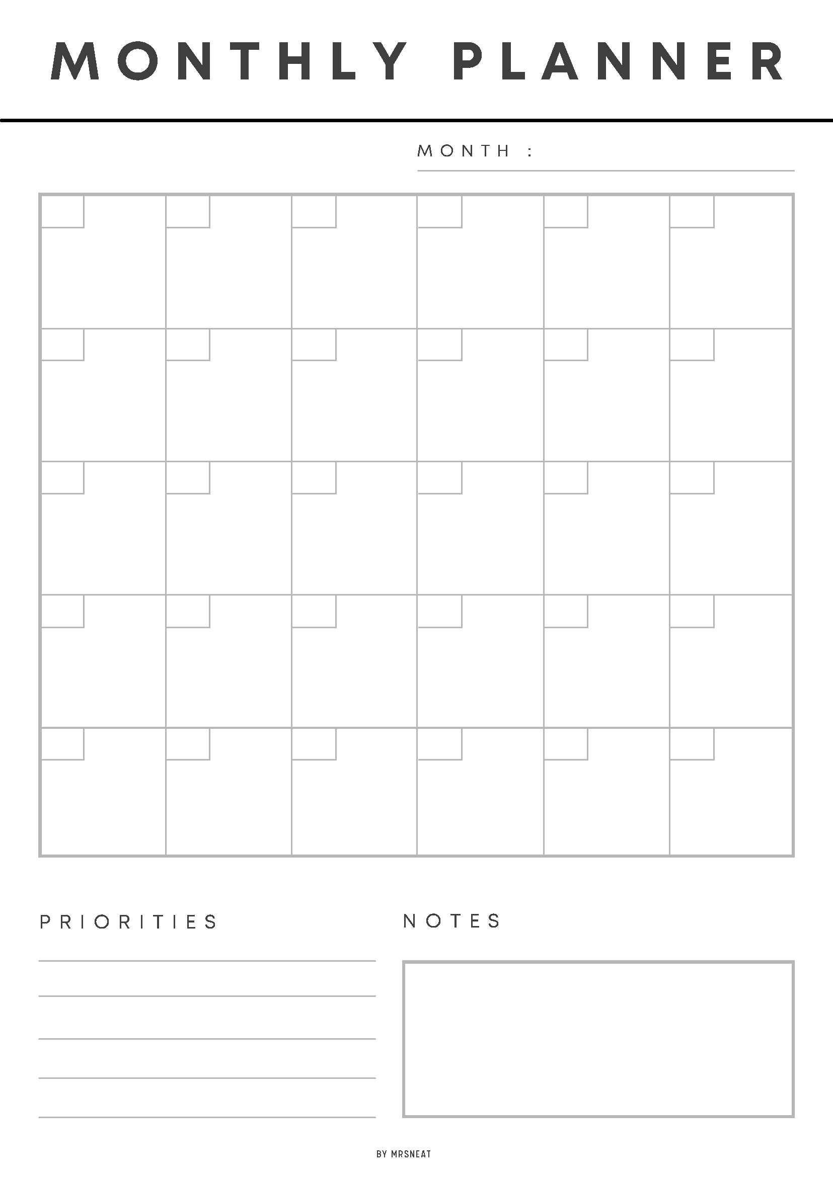 Monthly planner with grid layout for prioritizing tasks and notes.