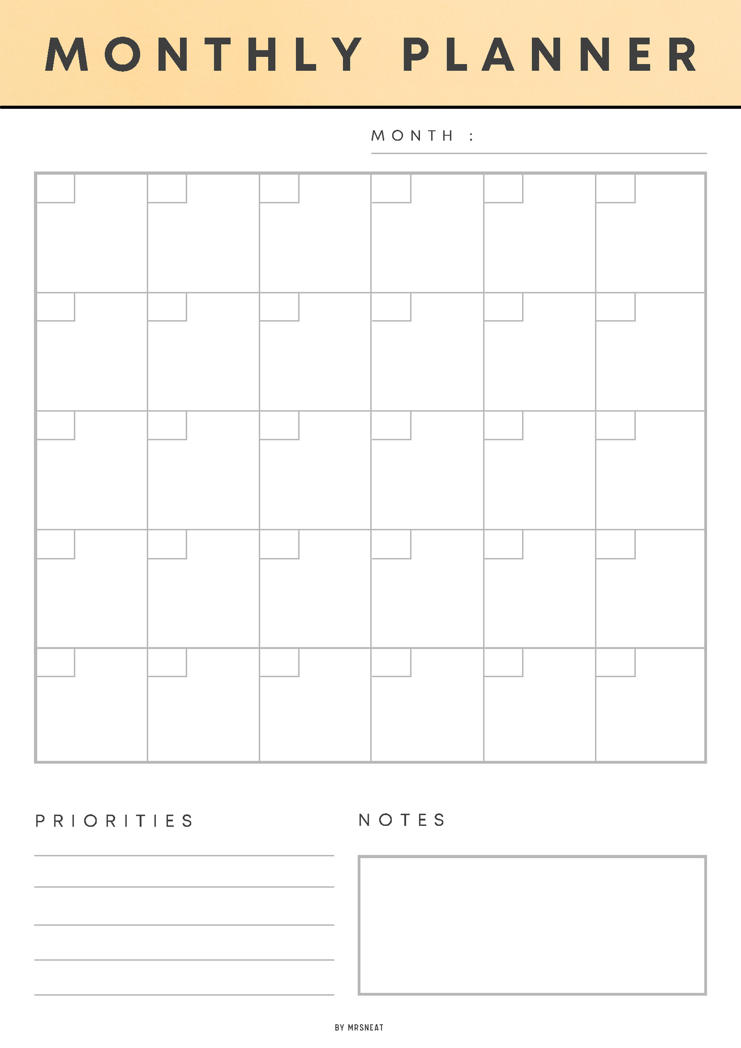 Monthly planner with grid layout, priority and notes sections on a beige background
