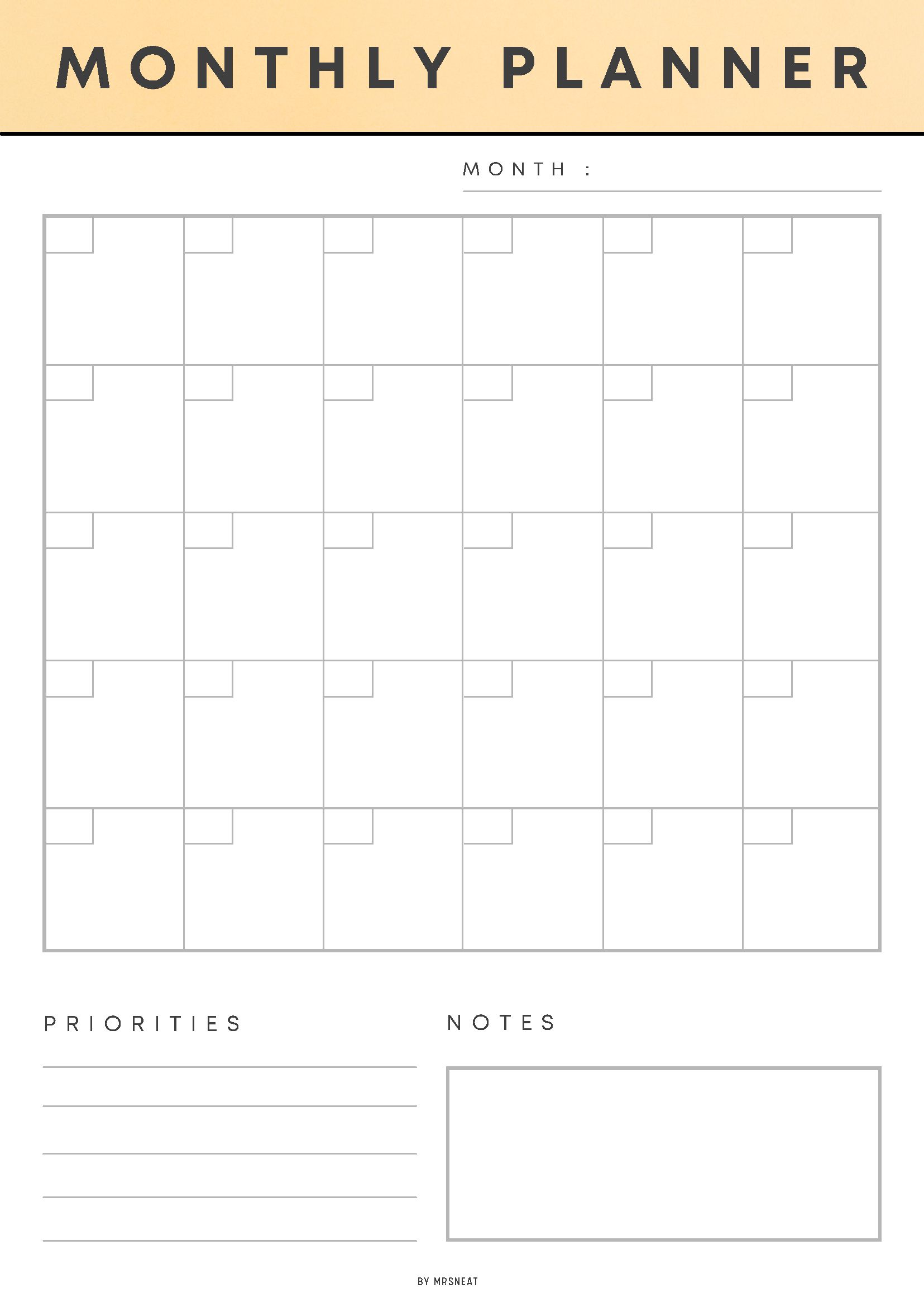 Monthly planner with grid layout, priority and notes sections on a beige background