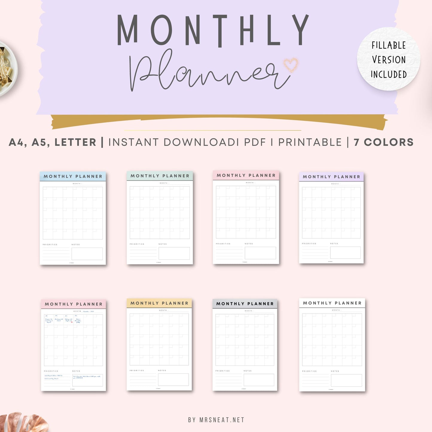 Monthly Planner Printable in 7 Colors - M031