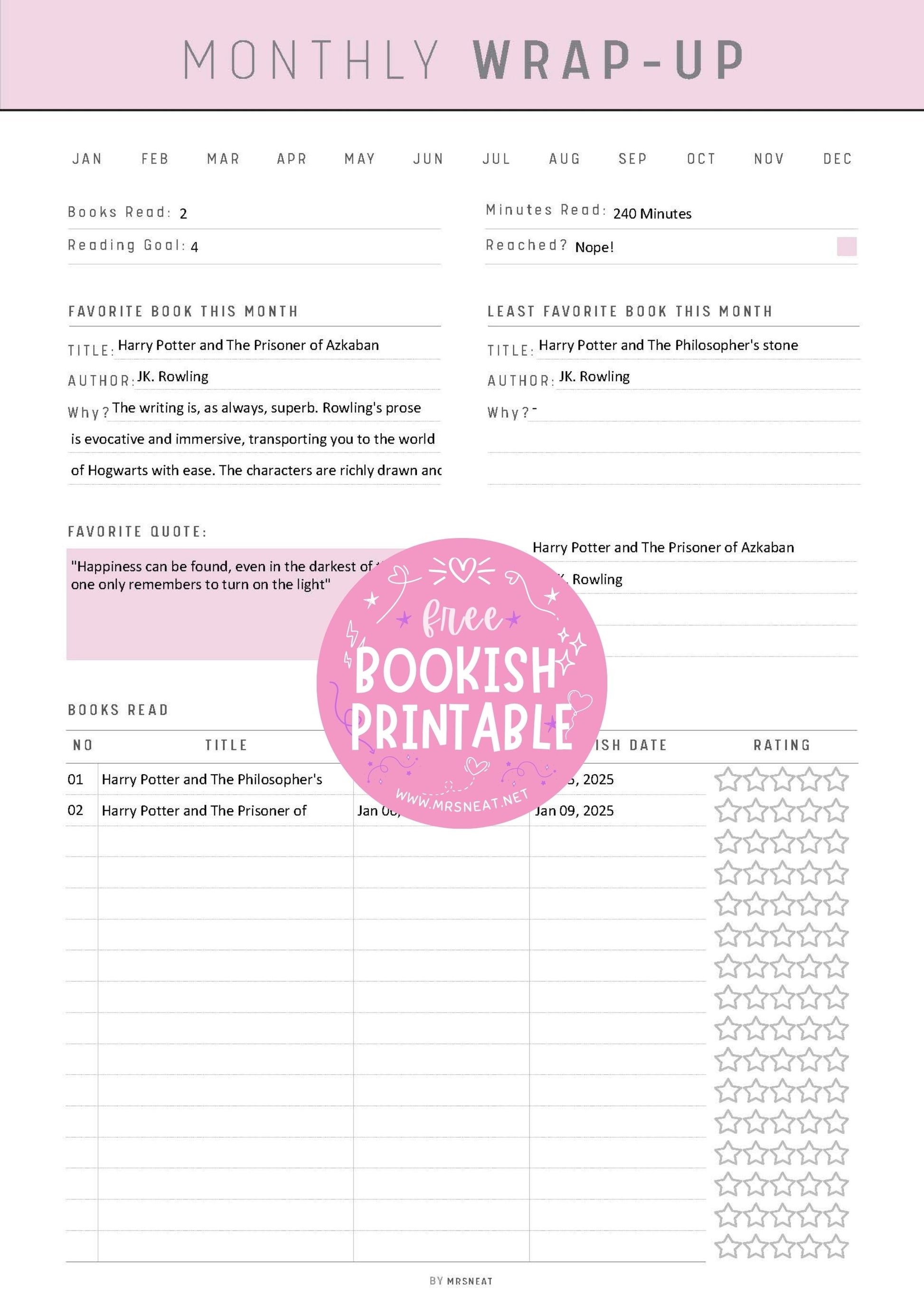 FREE Beautiful Cute Pink Blush Monthly Reading Wrap Up Template Bookish Printable 