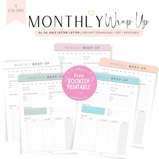 Free Beautiful Colorful Monthly Wrap Up Bookish Printable 5 colors 4 sizes