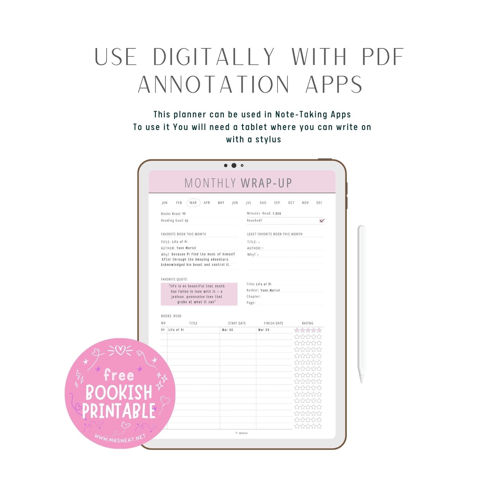 Digital Cute Soft Pink Bookish Printable can be used in Tablet, Phone and Computer, Fillable PDF Monthly Reading Wrap Up Template