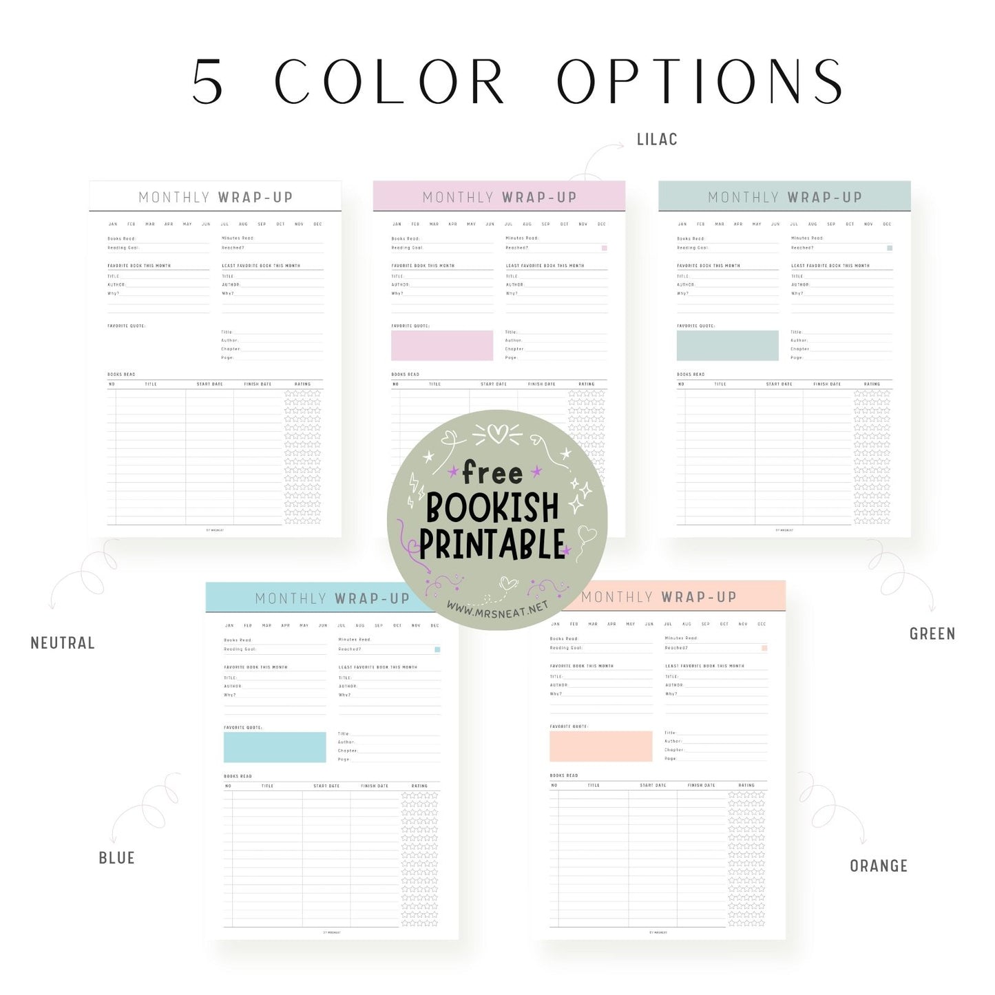 5 Colors Beautiful Aesthetic Bookish Printable, Monthly Reading Wrap Up Template comes in Neutral, Pink, Green, Blue and Orange Pastel