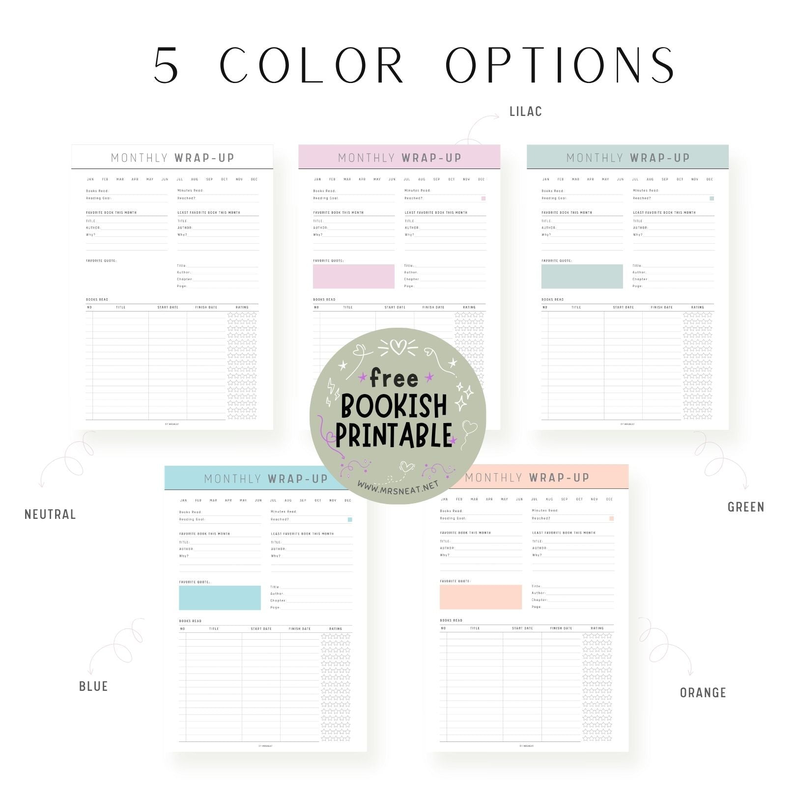 5 Colors Beautiful Aesthetic Bookish Printable, Monthly Reading Wrap Up Template comes in Neutral, Pink, Green, Blue and Orange Pastel