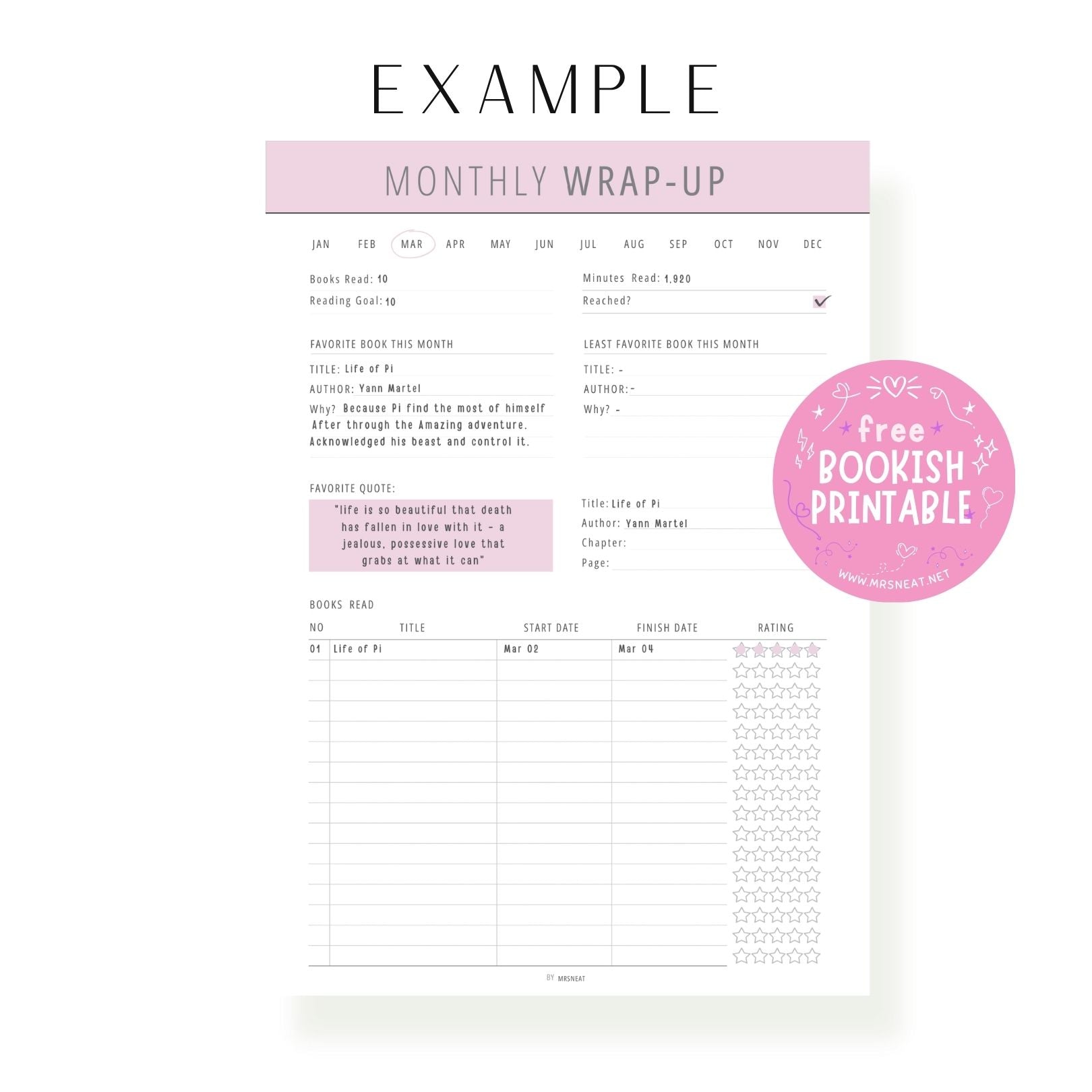 The Example of Cute Pink Purple Monthly Wrap Up Bookish Printable