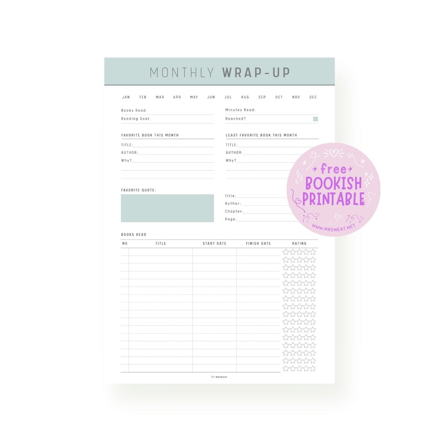 Free A4 Kawaii Monthly Wrap Up Bookish Printable