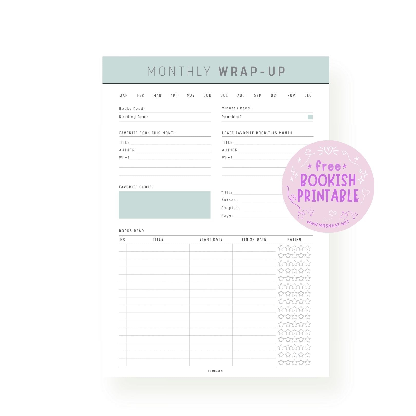 Free A4 Kawaii Monthly Wrap Up Bookish Printable
