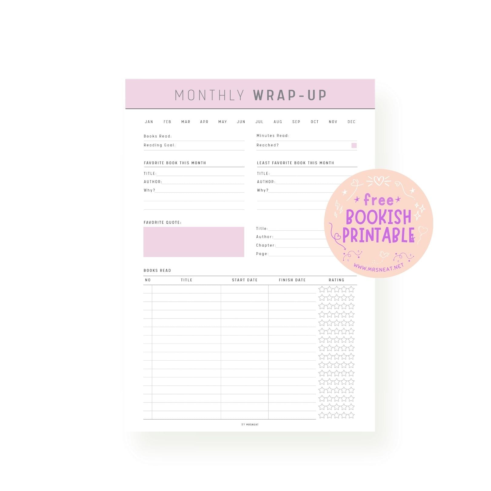 Free Beautiful Pink Blush Monthly Wrap Up Bookish Printable PDF