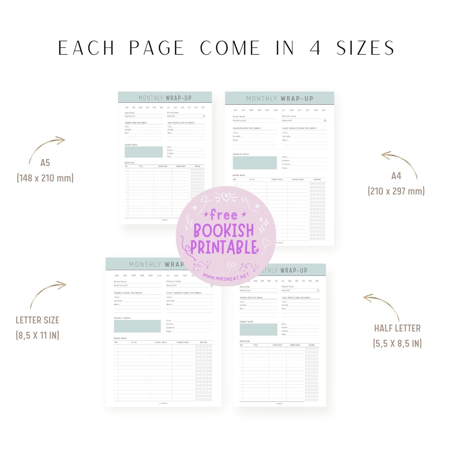 Free Pastel Green Aesthetic Bookish Printable comes in 4 sizes, A4, A5, Letter and Half Letter