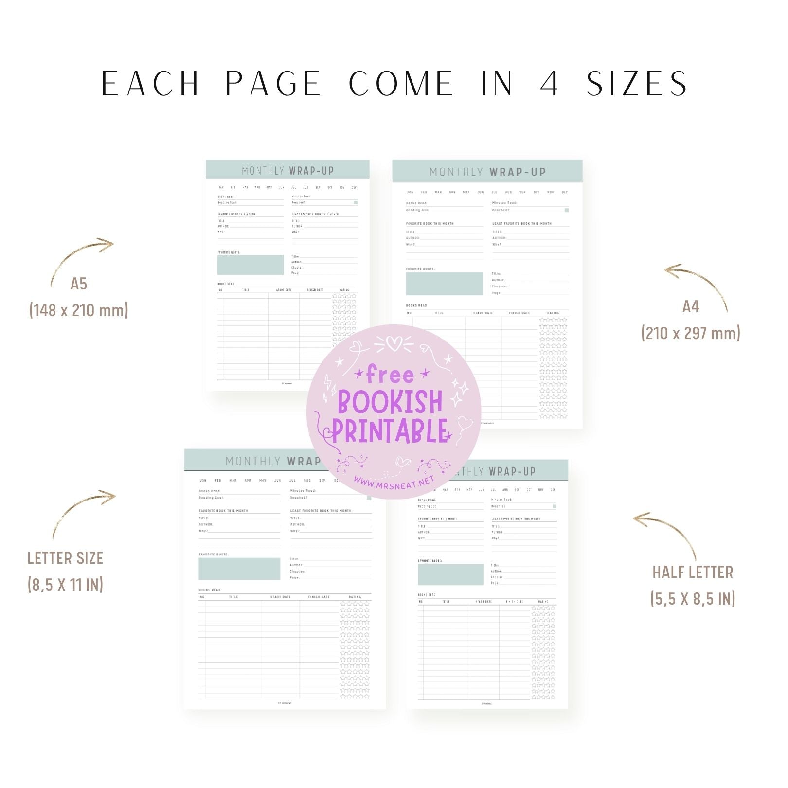 Free Pastel Green Aesthetic Bookish Printable comes in 4 sizes, A4, A5, Letter and Half Letter