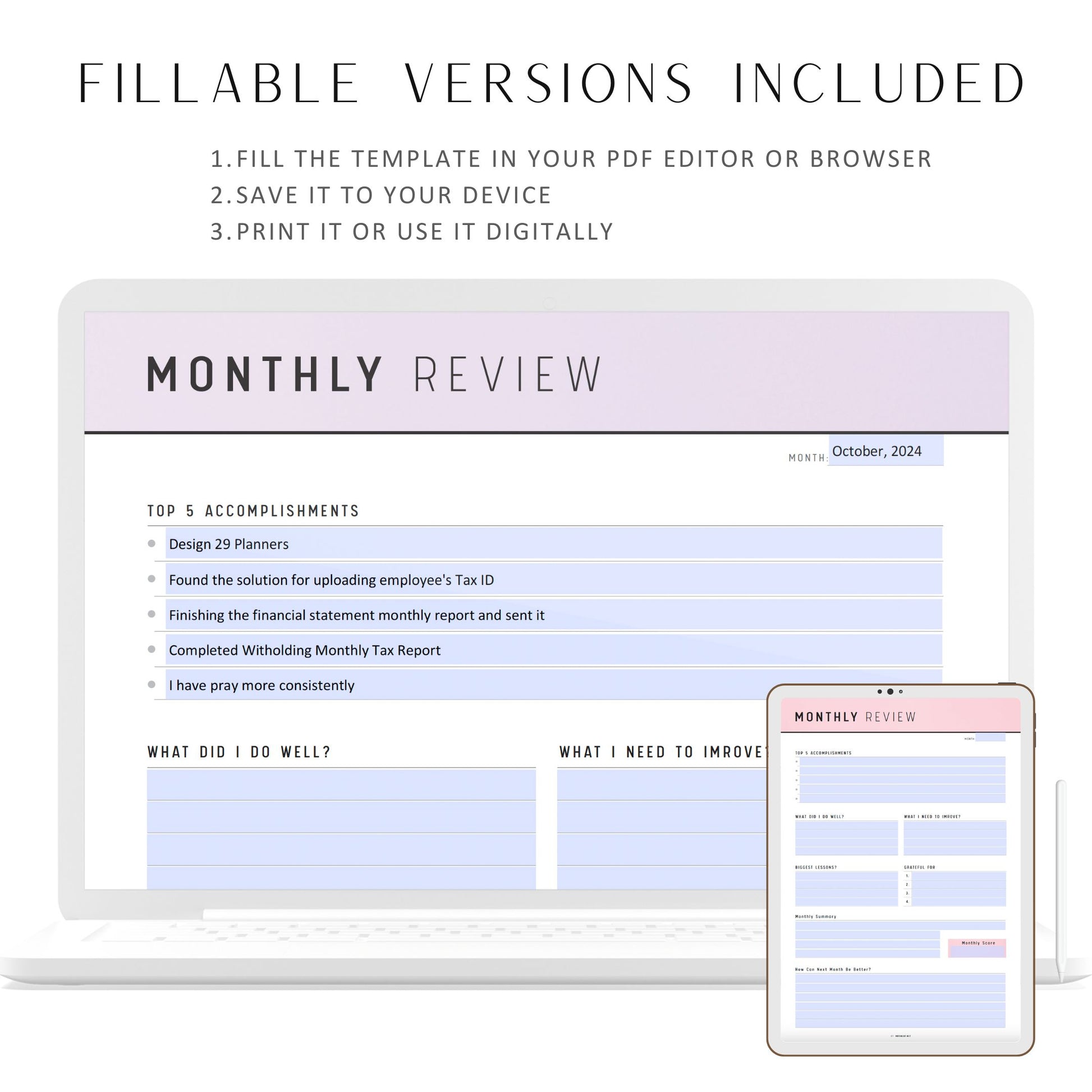 Monthly Review Journal, Monthly Review Printable, Digital Monthly Review Planner, 6 colors, Colorful Monthly Review Template, Editable PDF